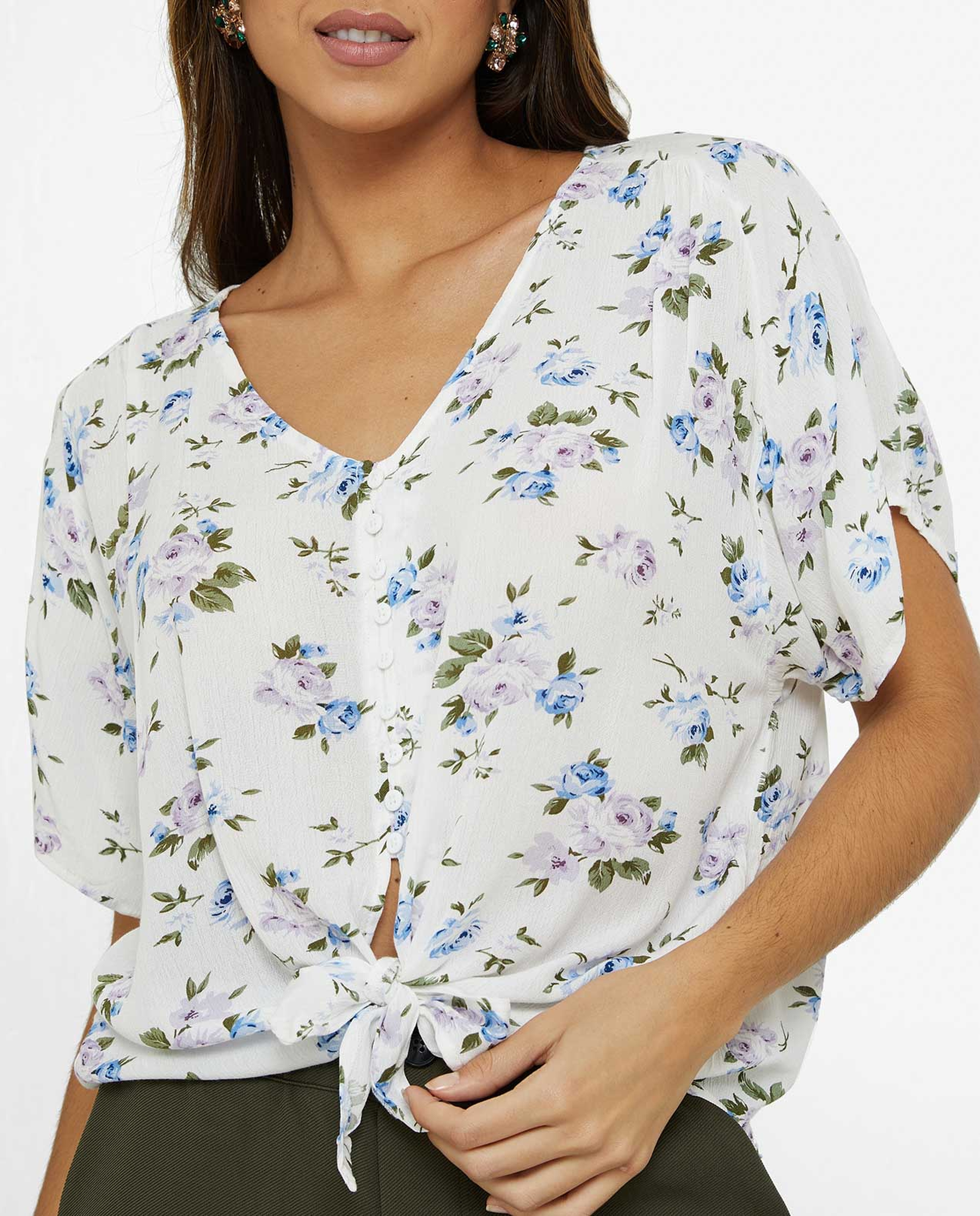 Floral Printed Top with V-Neck and Tie-Up Waist