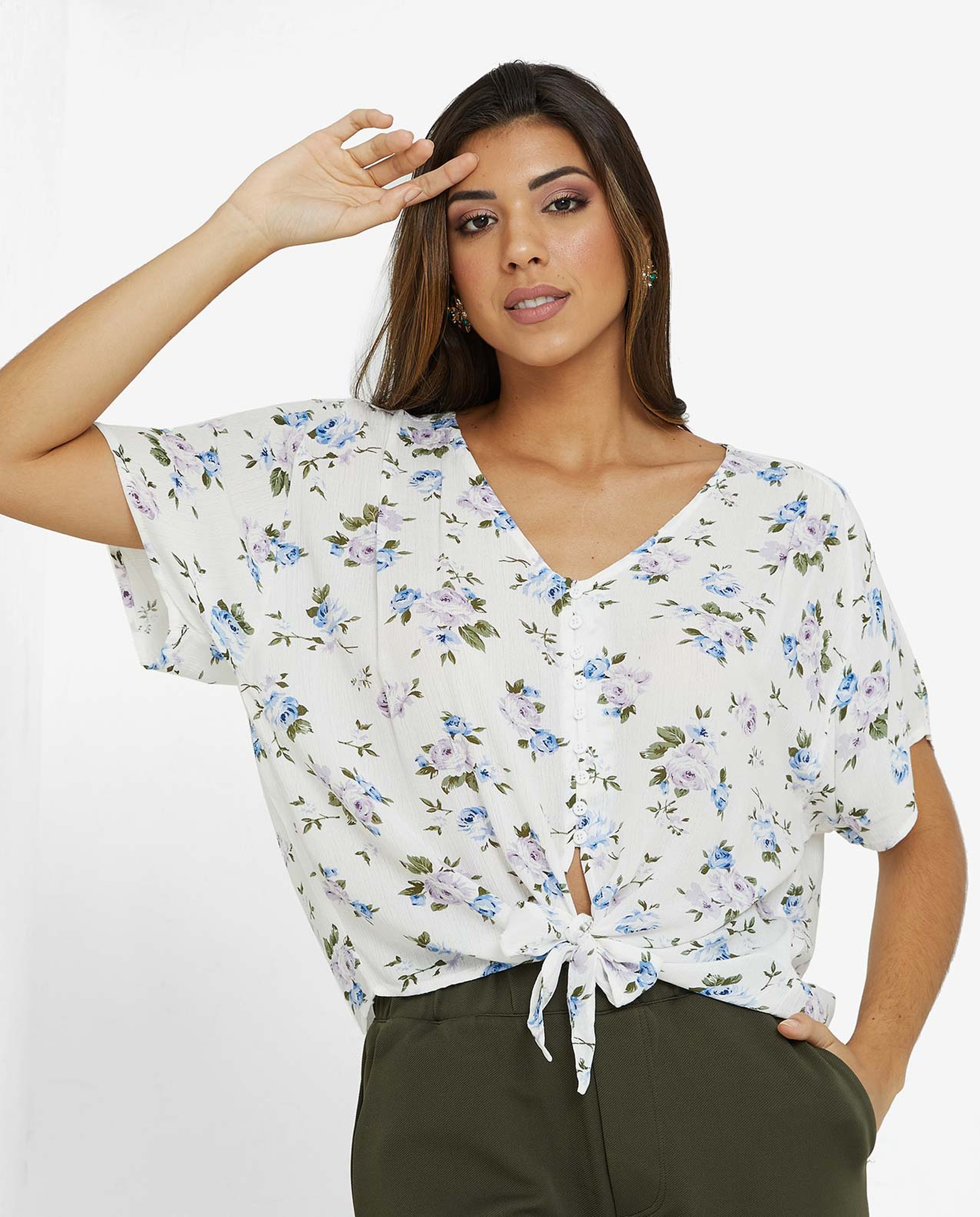 Floral Printed Top with V-Neck and Tie-Up Waist
