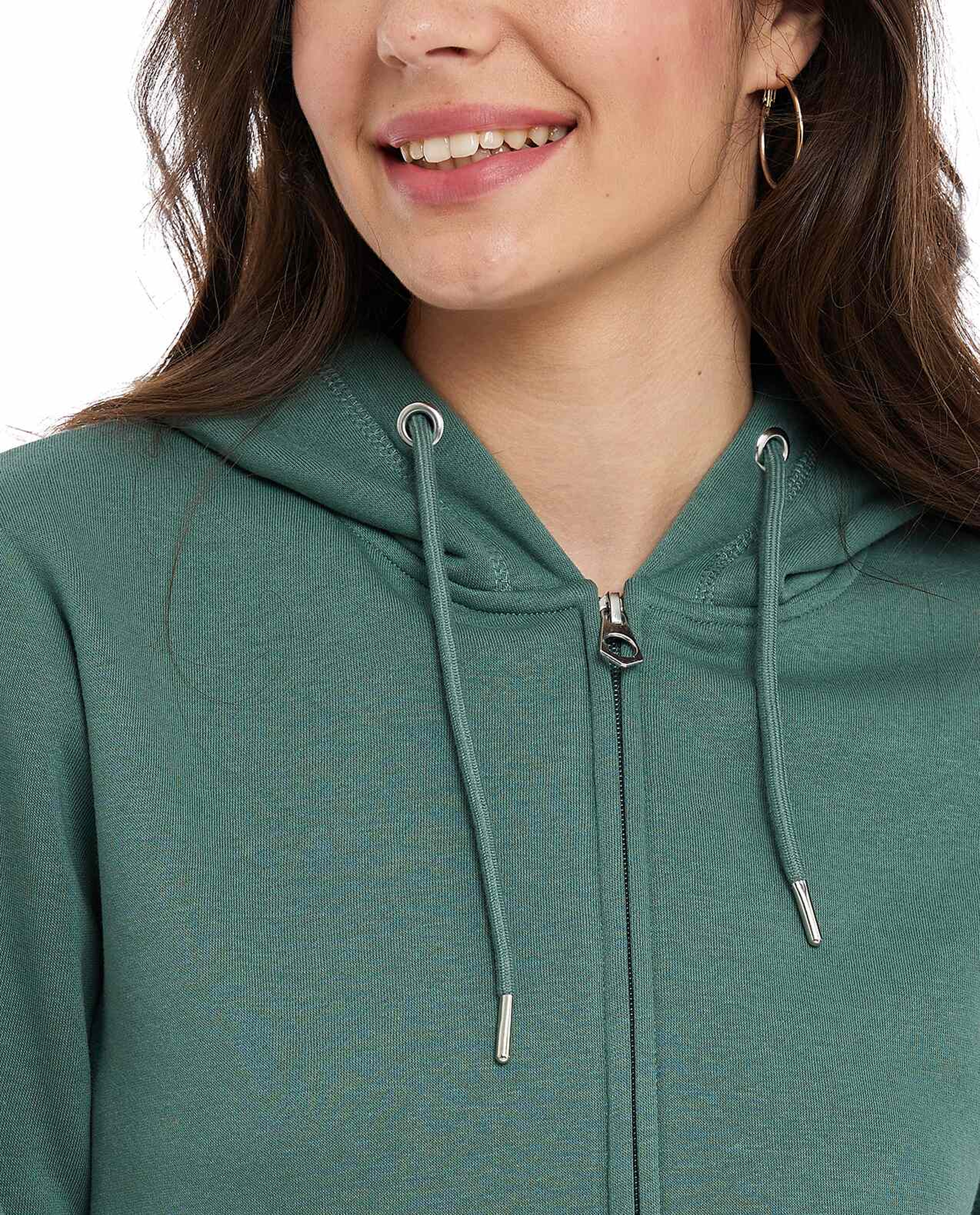 Solid Hooded Jacket with Zipper Closure