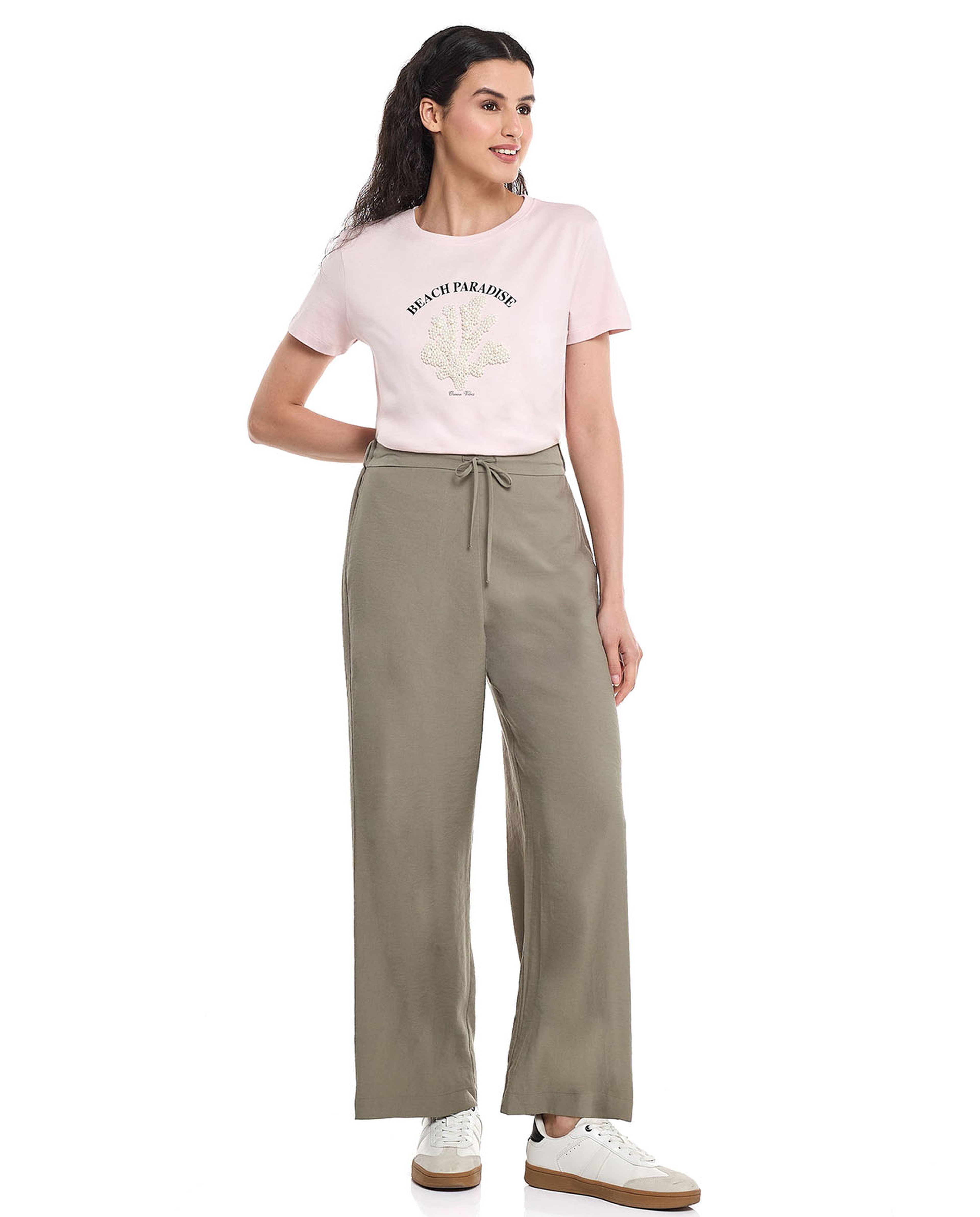 Pearl Embellished T-Shirt with Crew Neck and Short Sleeves