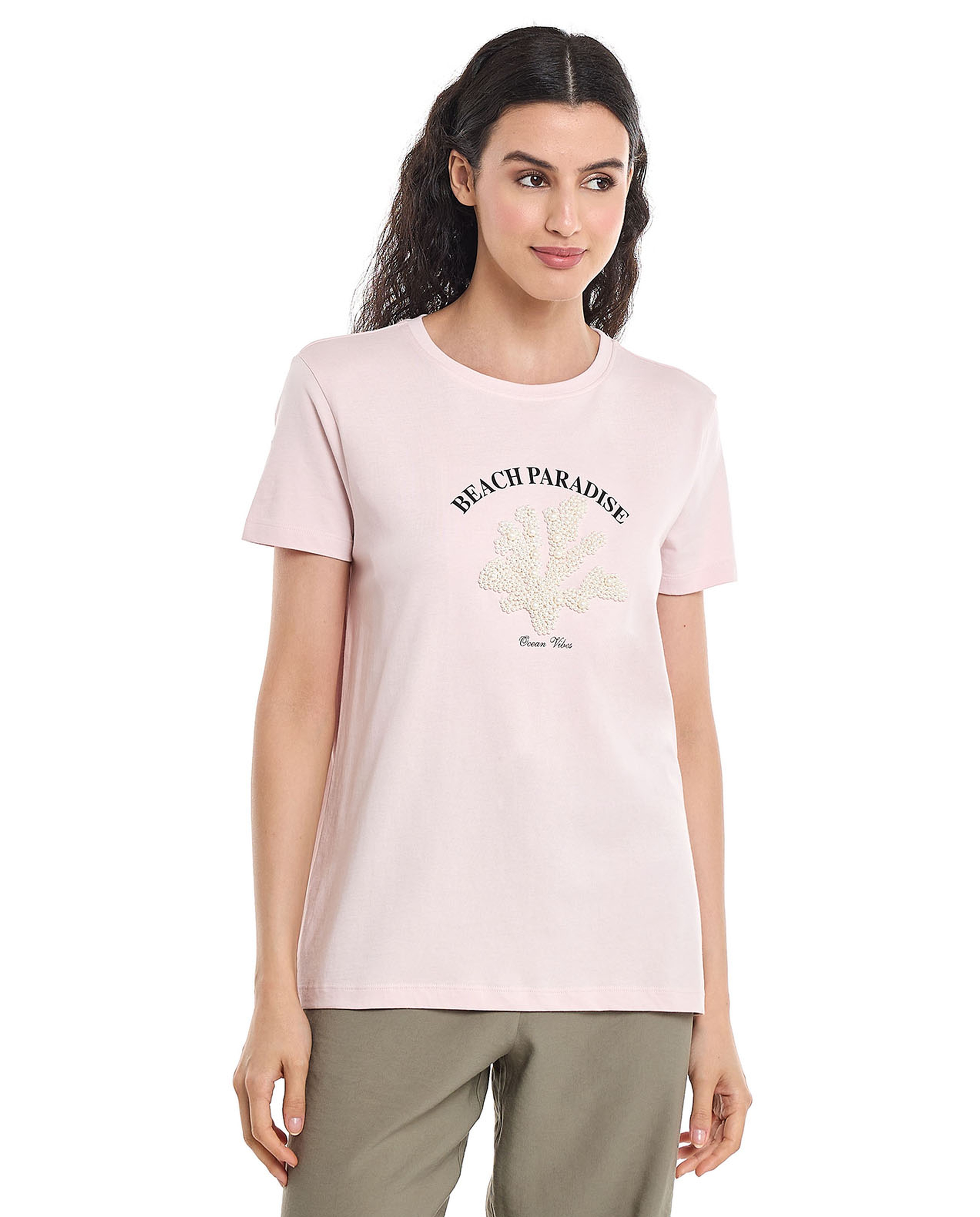 Pearl Embellished T-Shirt with Crew Neck and Short Sleeves