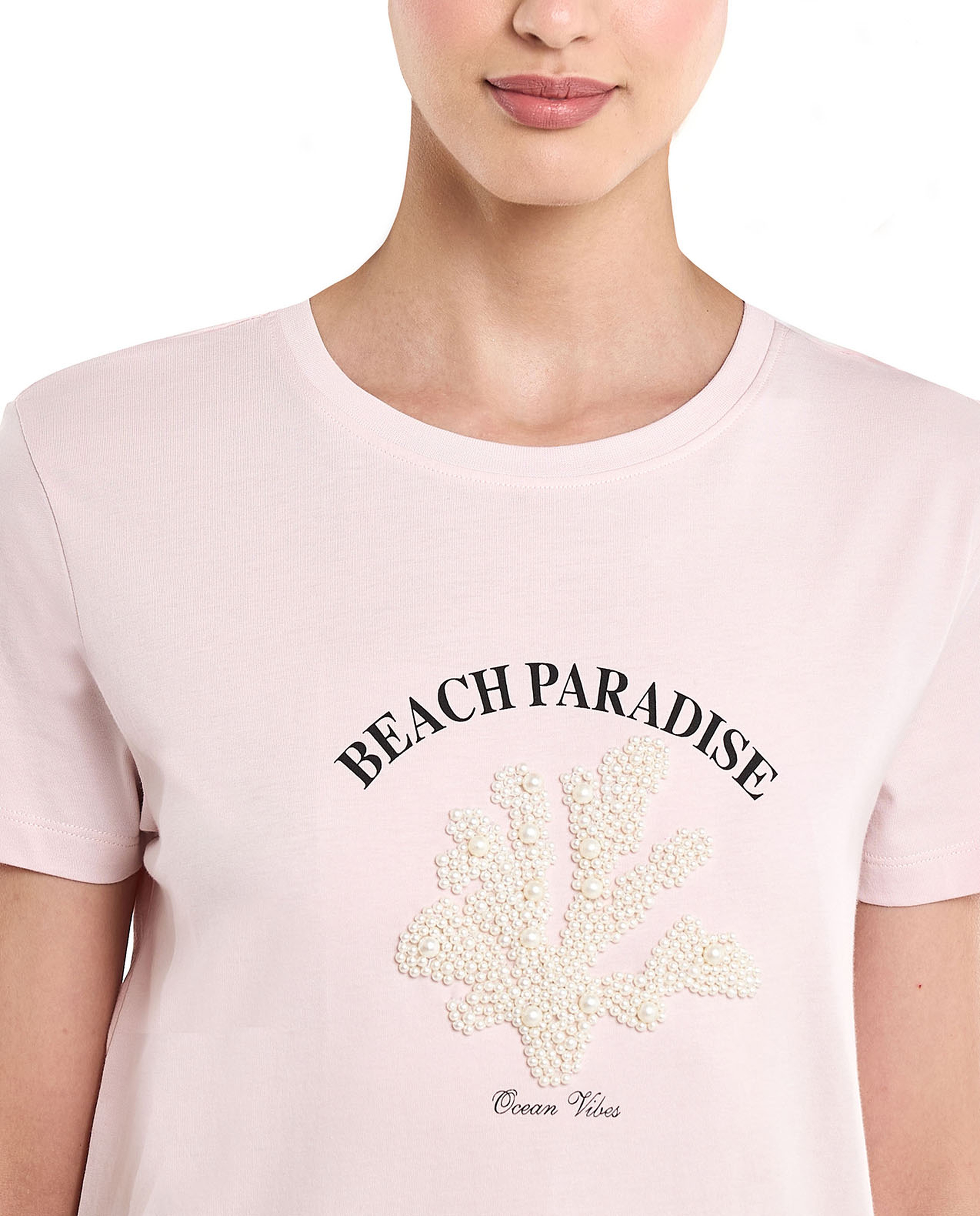 Pearl Embellished T-Shirt with Crew Neck and Short Sleeves