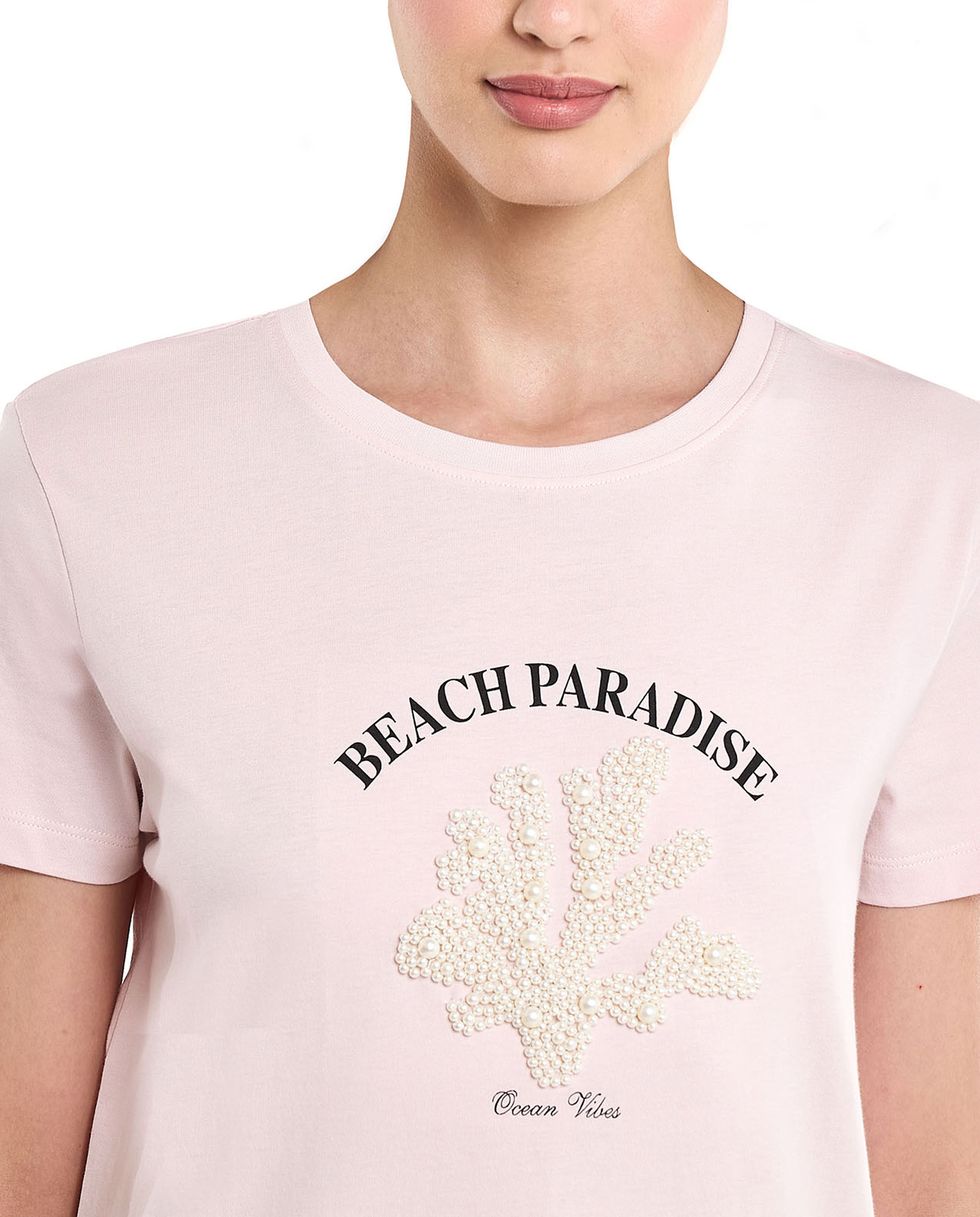 Pearl Embellished T-Shirt with Crew Neck and Short Sleeves