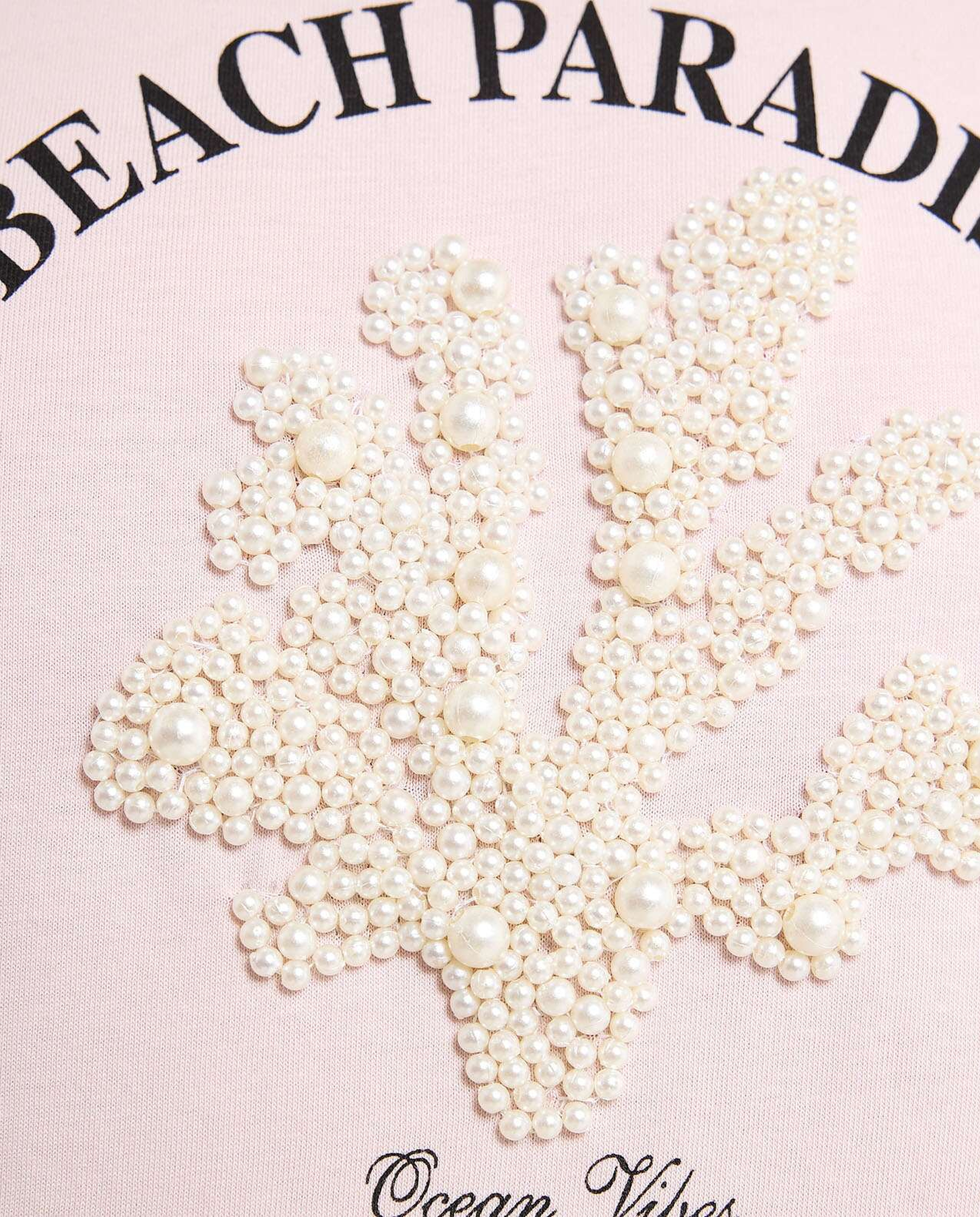 Pearl Embellished T-Shirt with Crew Neck and Short Sleeves