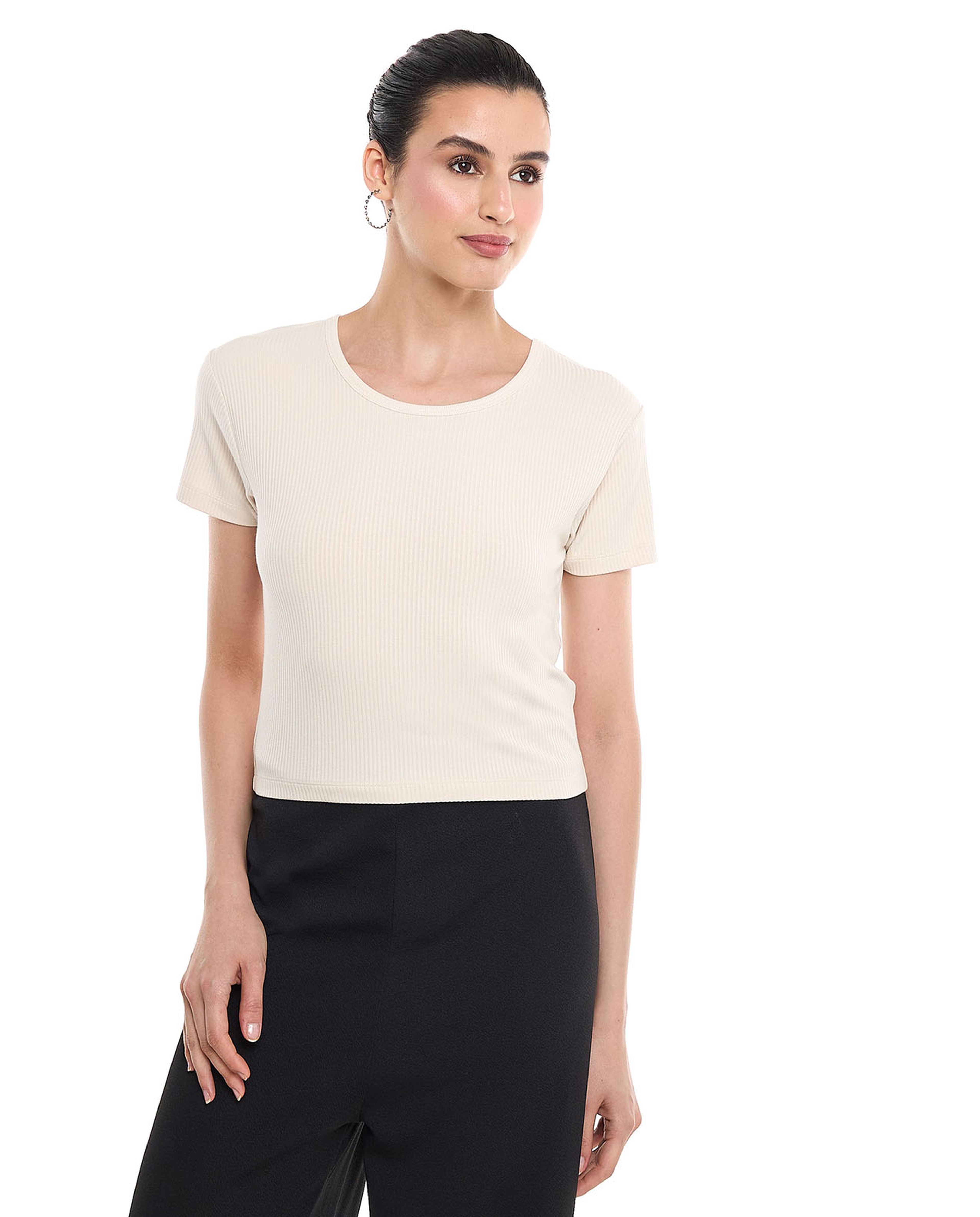 Ribbed Top with Crew Neck and Short Sleeves