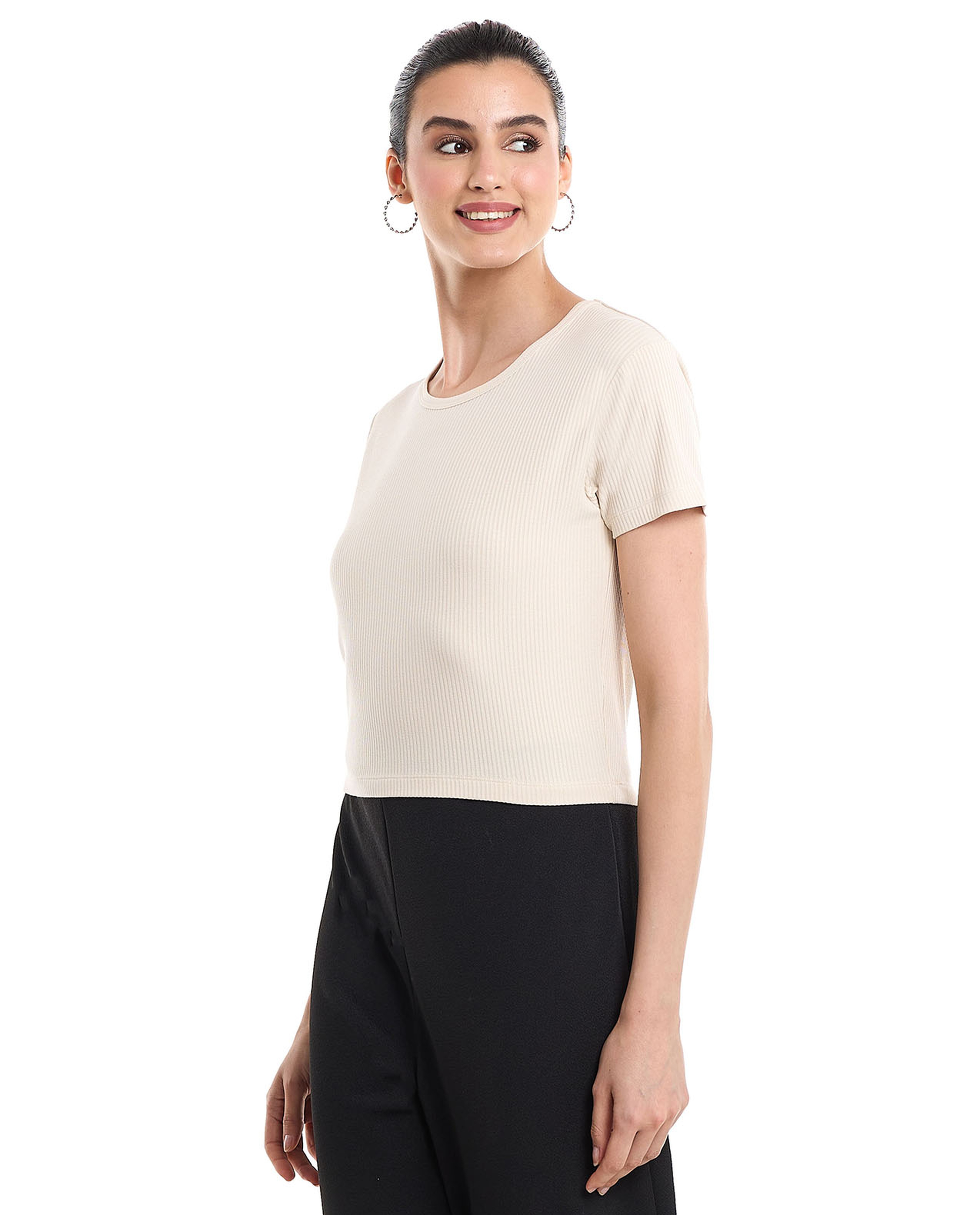 Ribbed Top with Crew Neck and Short Sleeves