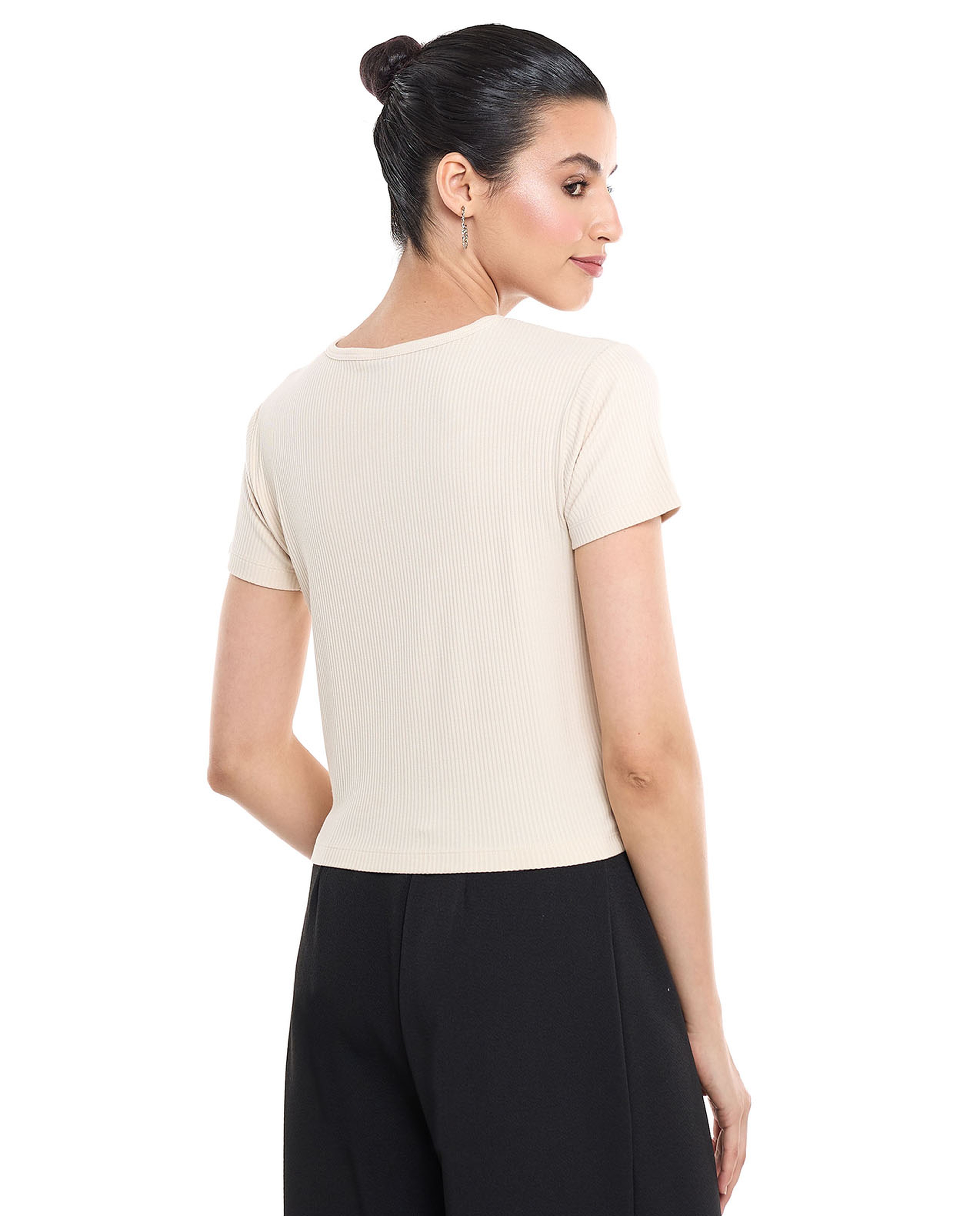 Ribbed Top with Crew Neck and Short Sleeves