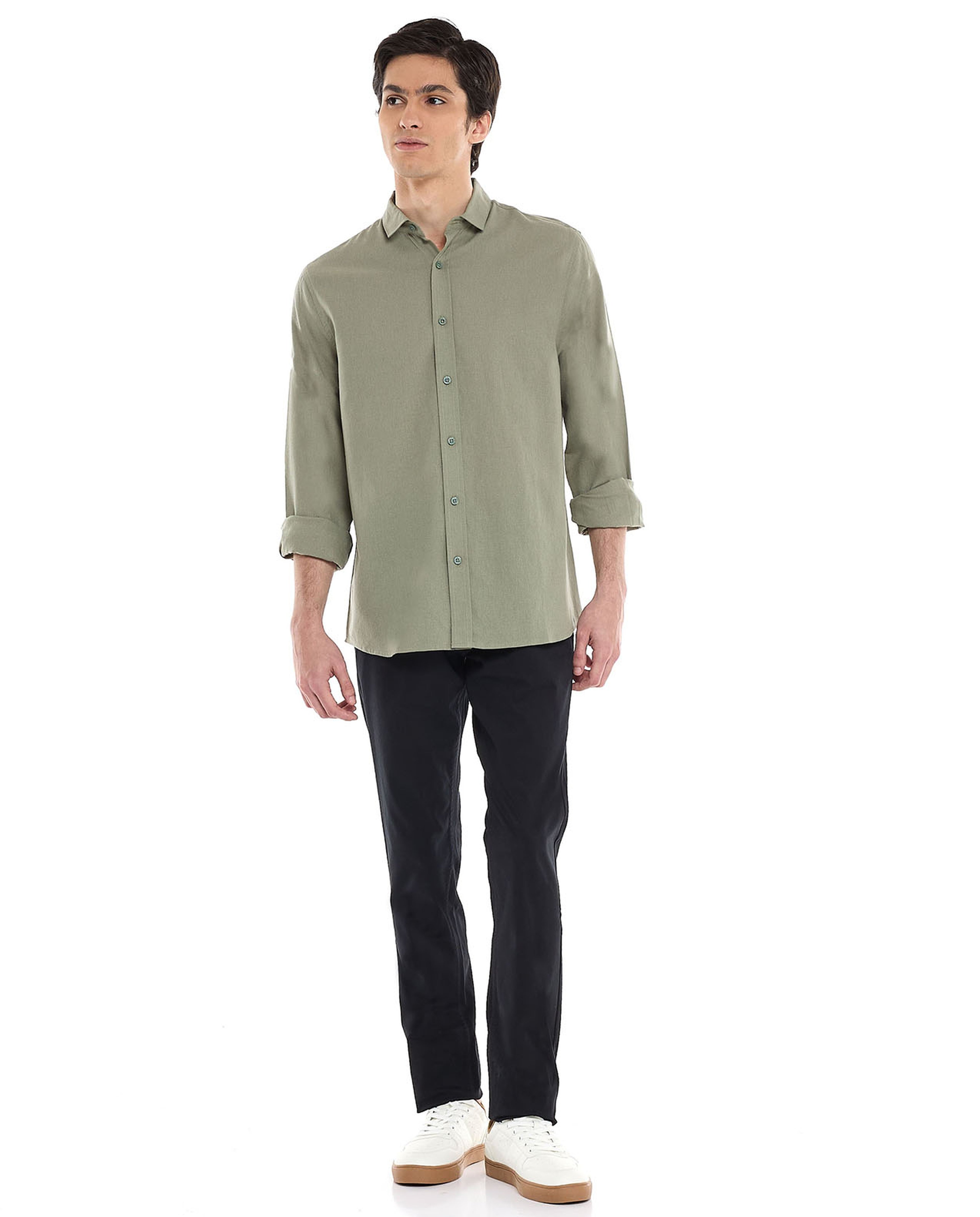 Solid Shirt with Classic Collar and Long Sleeves
