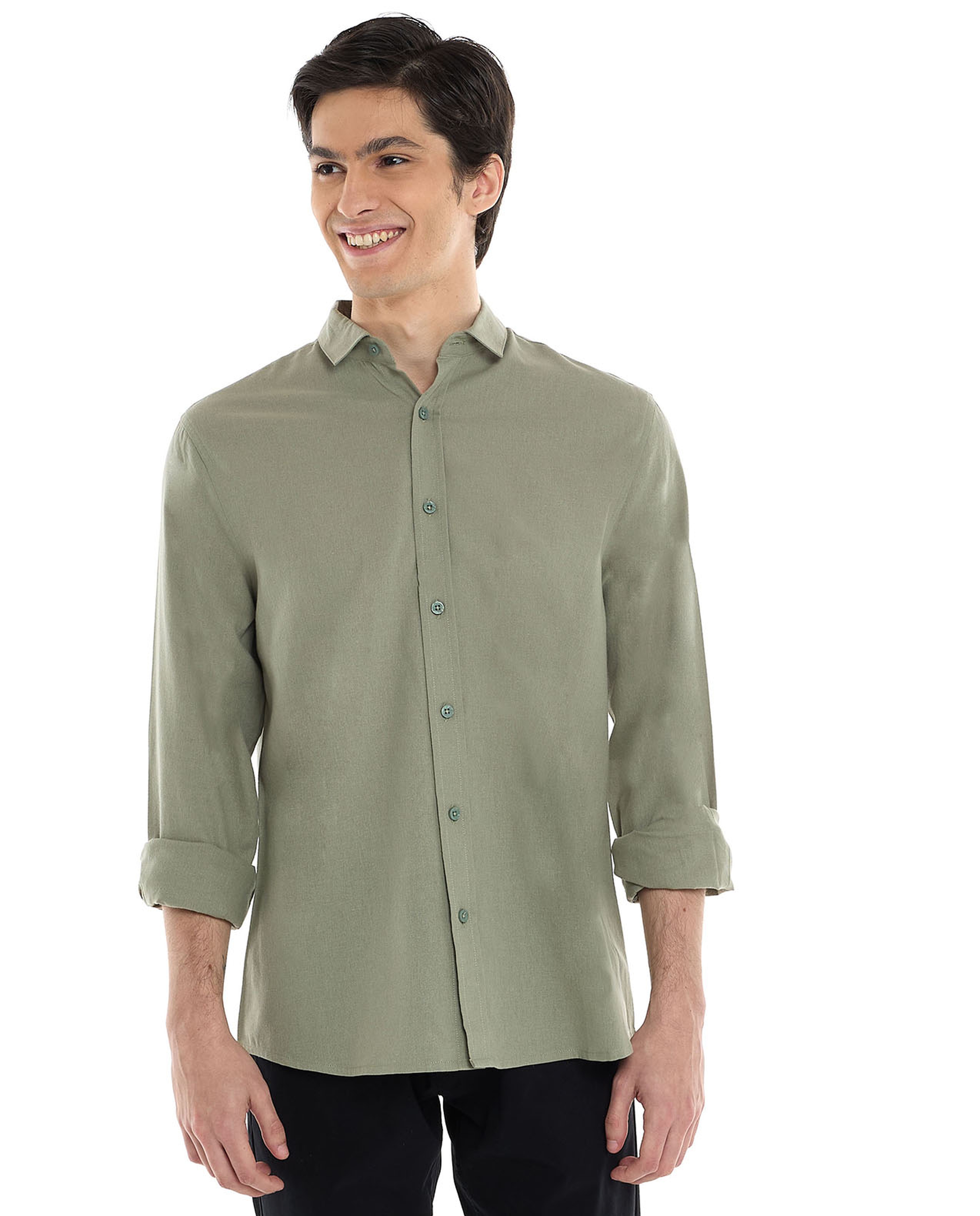 Solid Shirt with Classic Collar and Long Sleeves