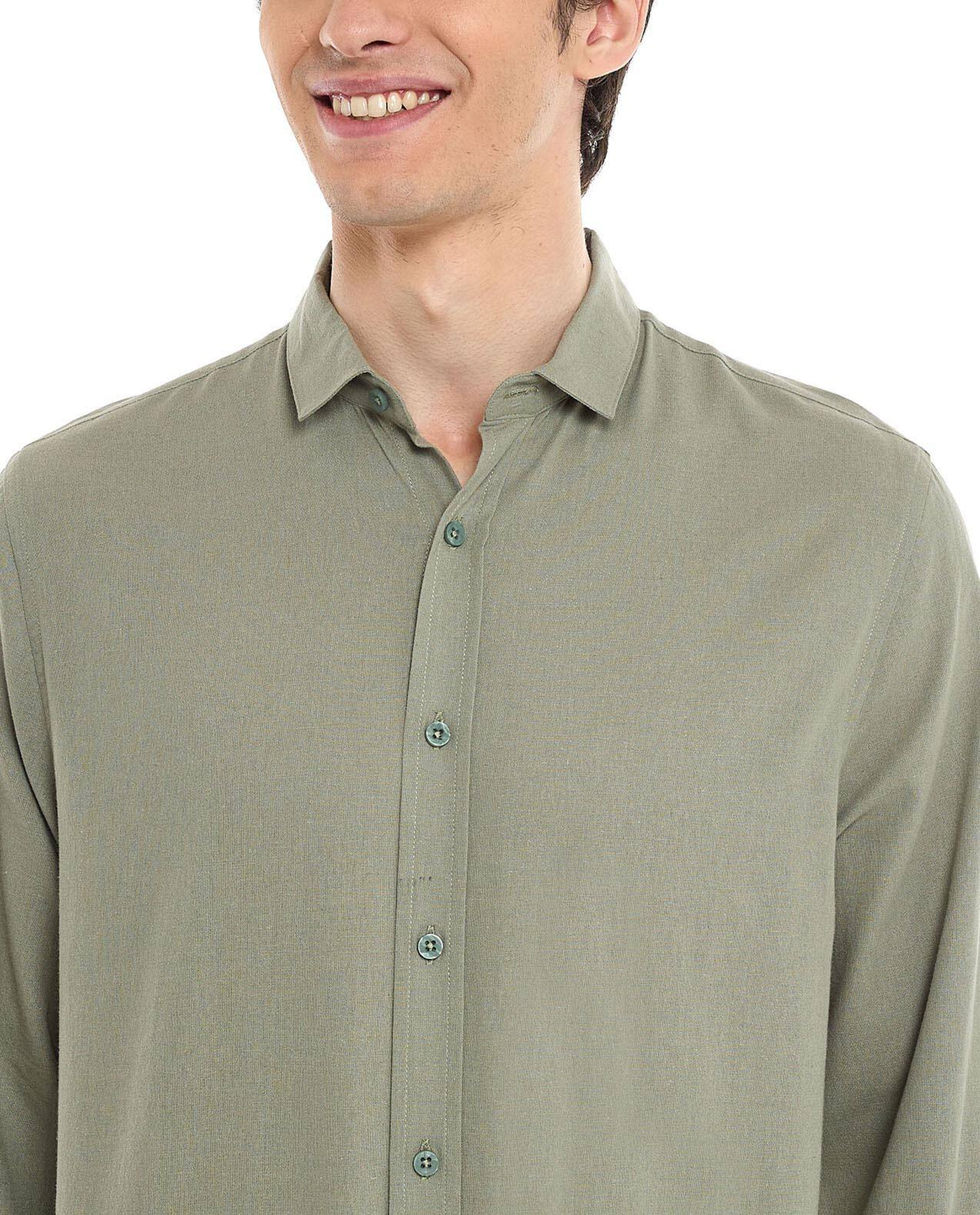 Solid Shirt with Classic Collar and Long Sleeves
