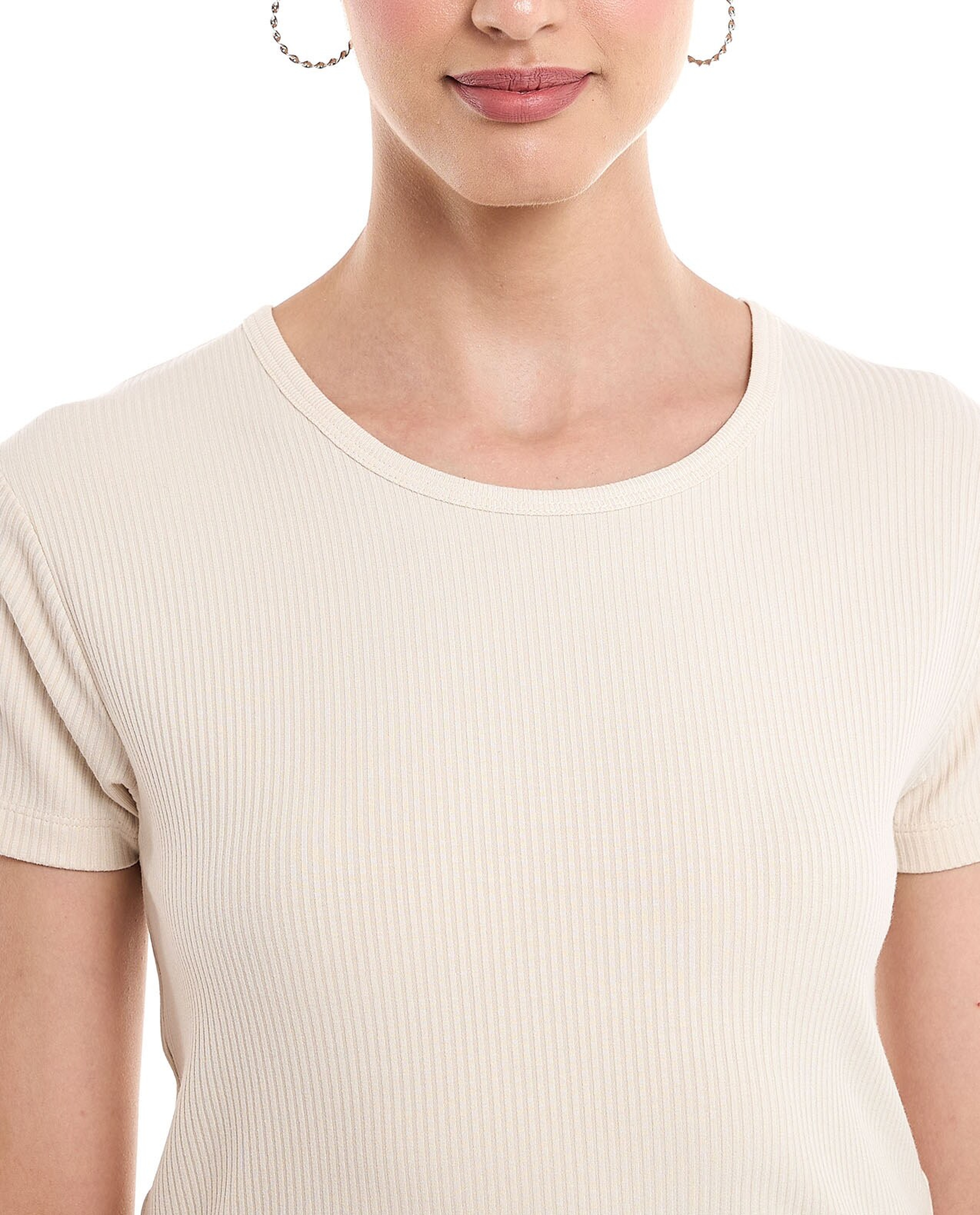 Ribbed Top with Crew Neck and Short Sleeves