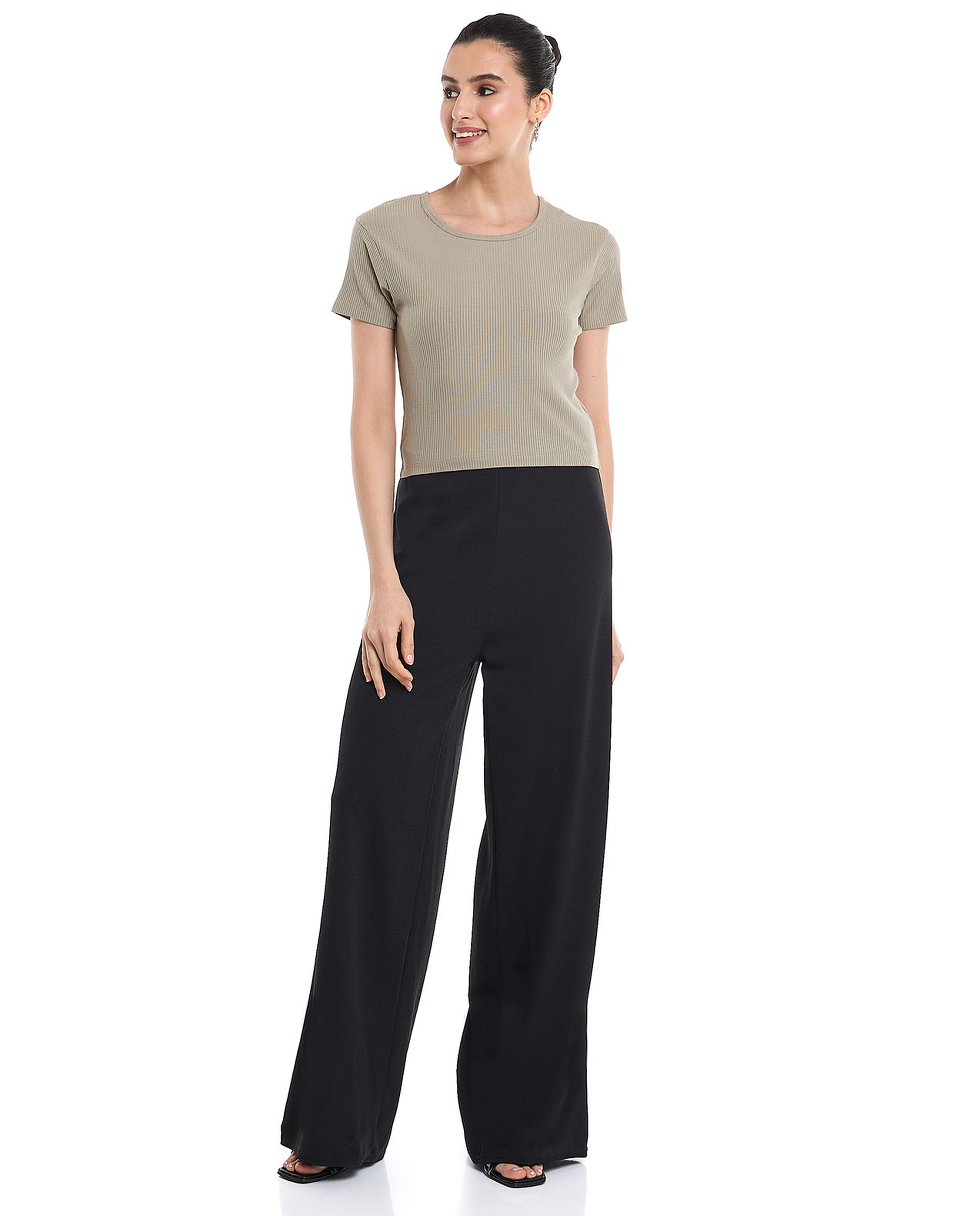 Ribbed Top with Crew Neck and Short Sleeves