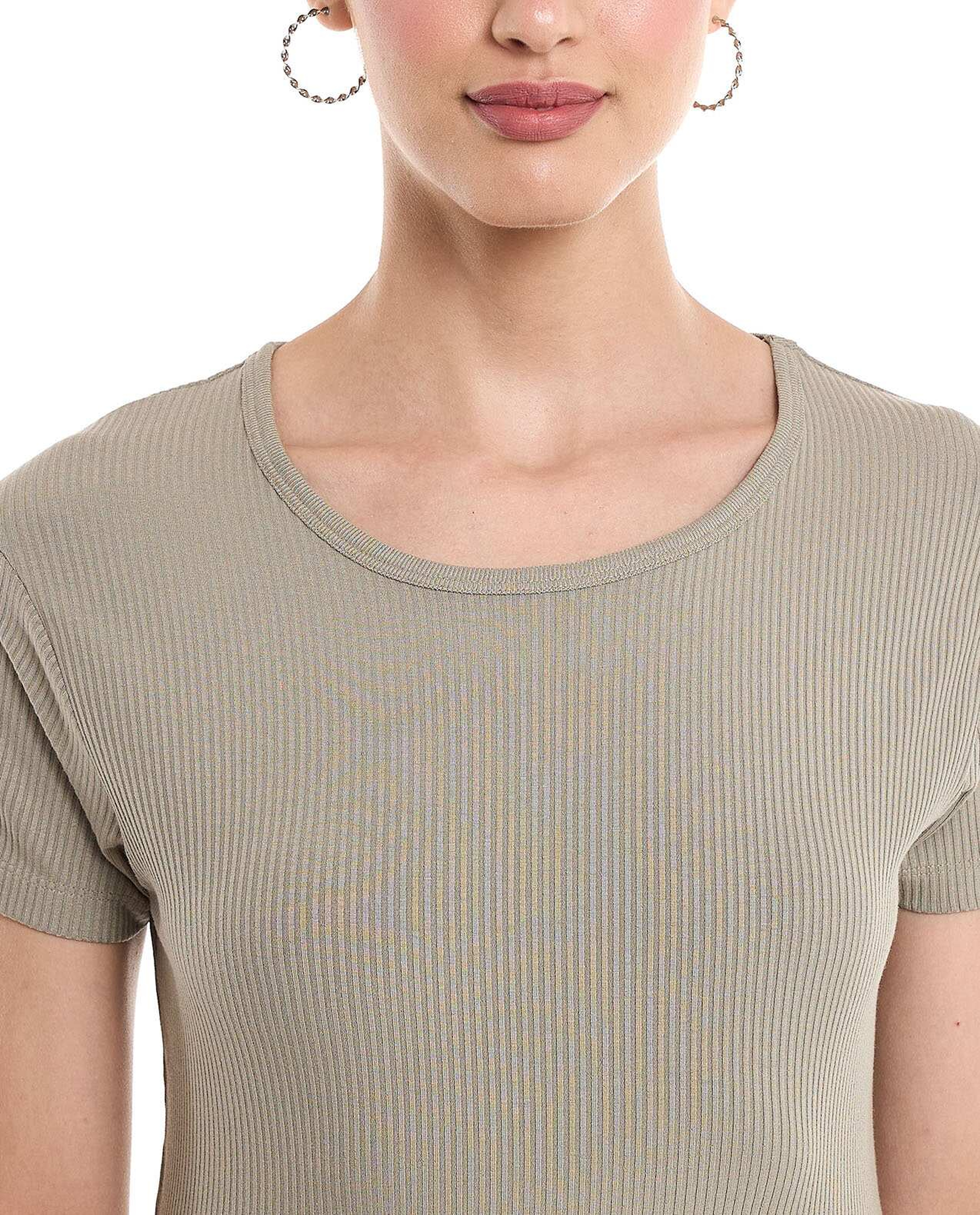 Ribbed Top with Crew Neck and Short Sleeves