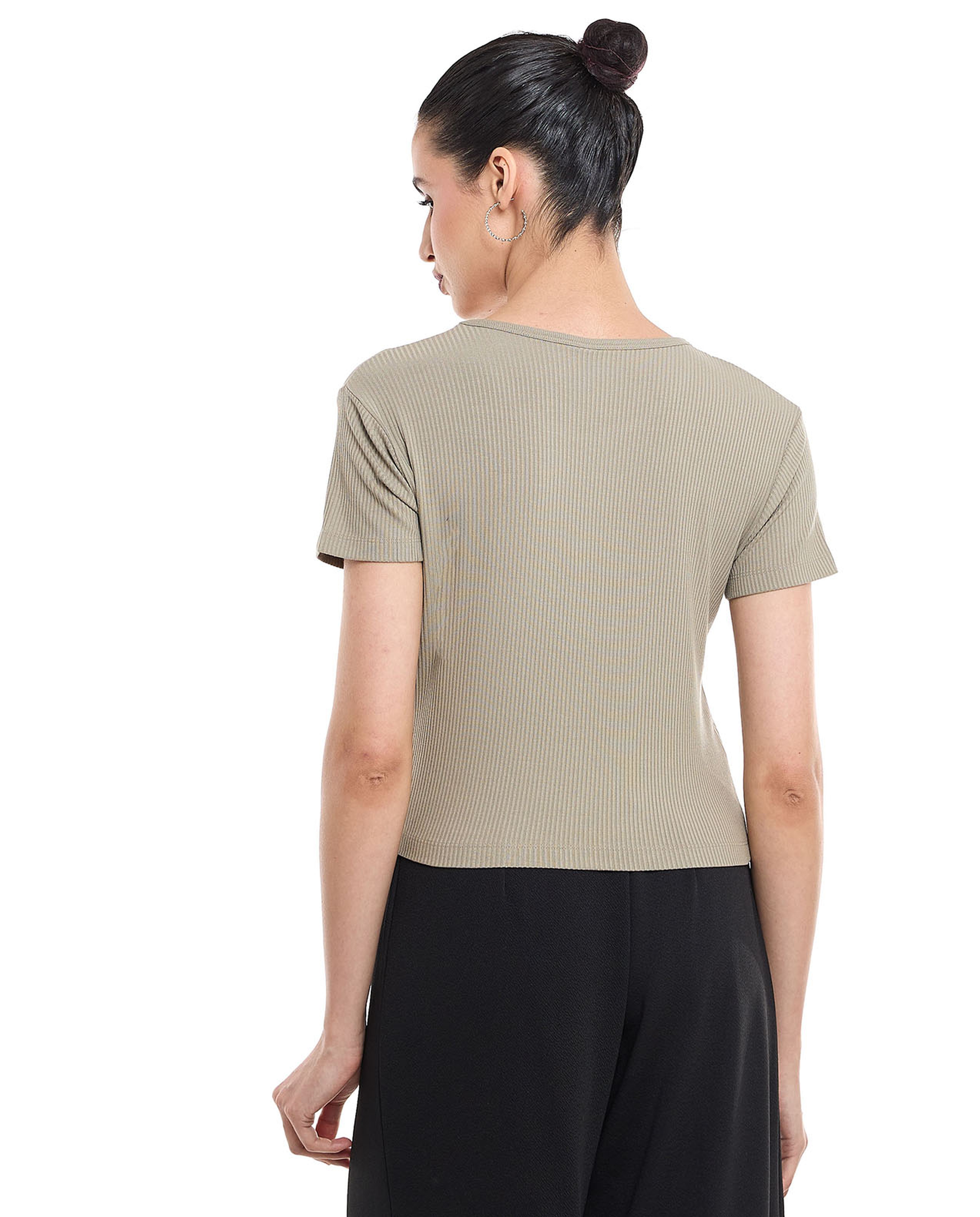 Ribbed Top with Crew Neck and Short Sleeves