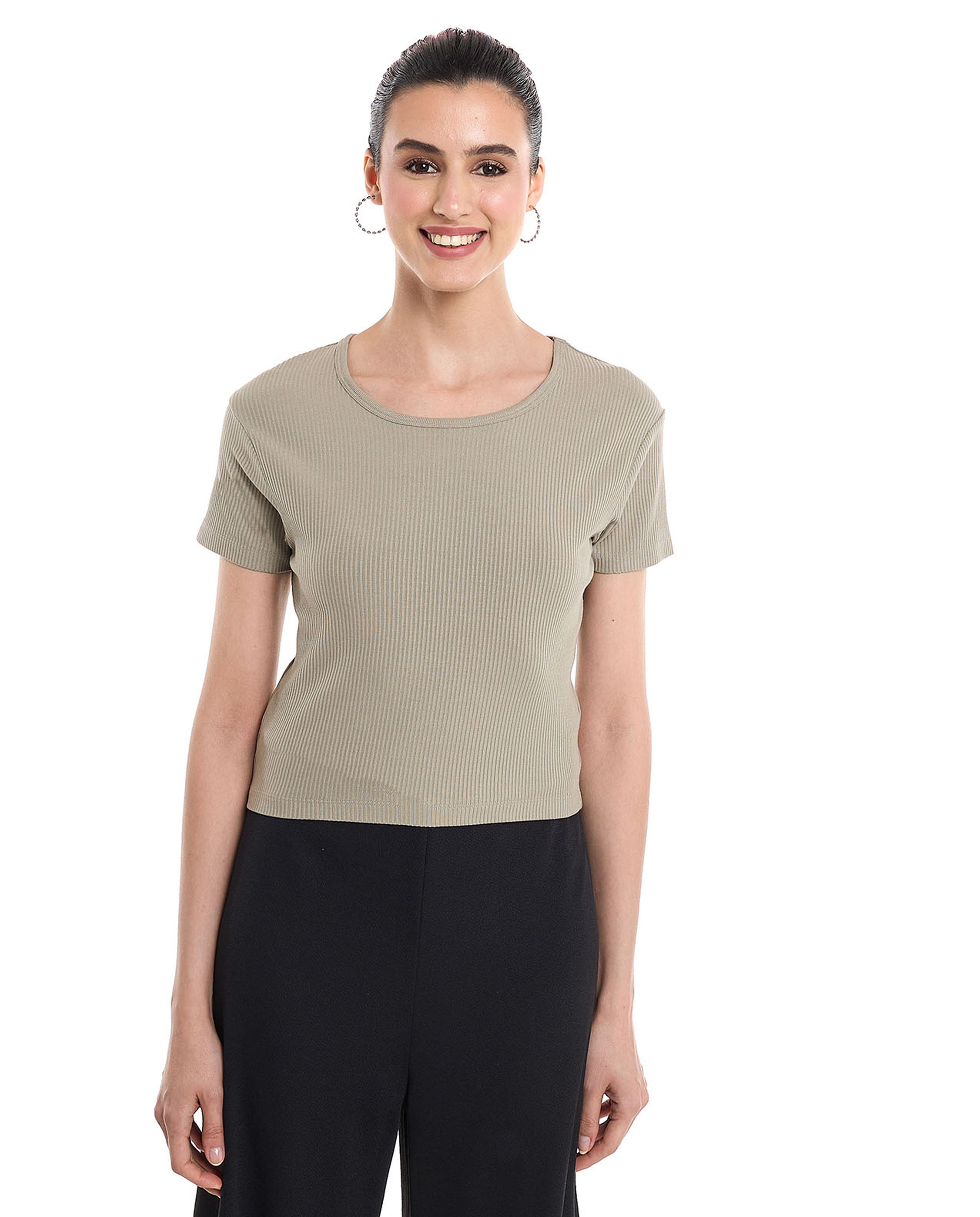 Ribbed Top with Crew Neck and Short Sleeves