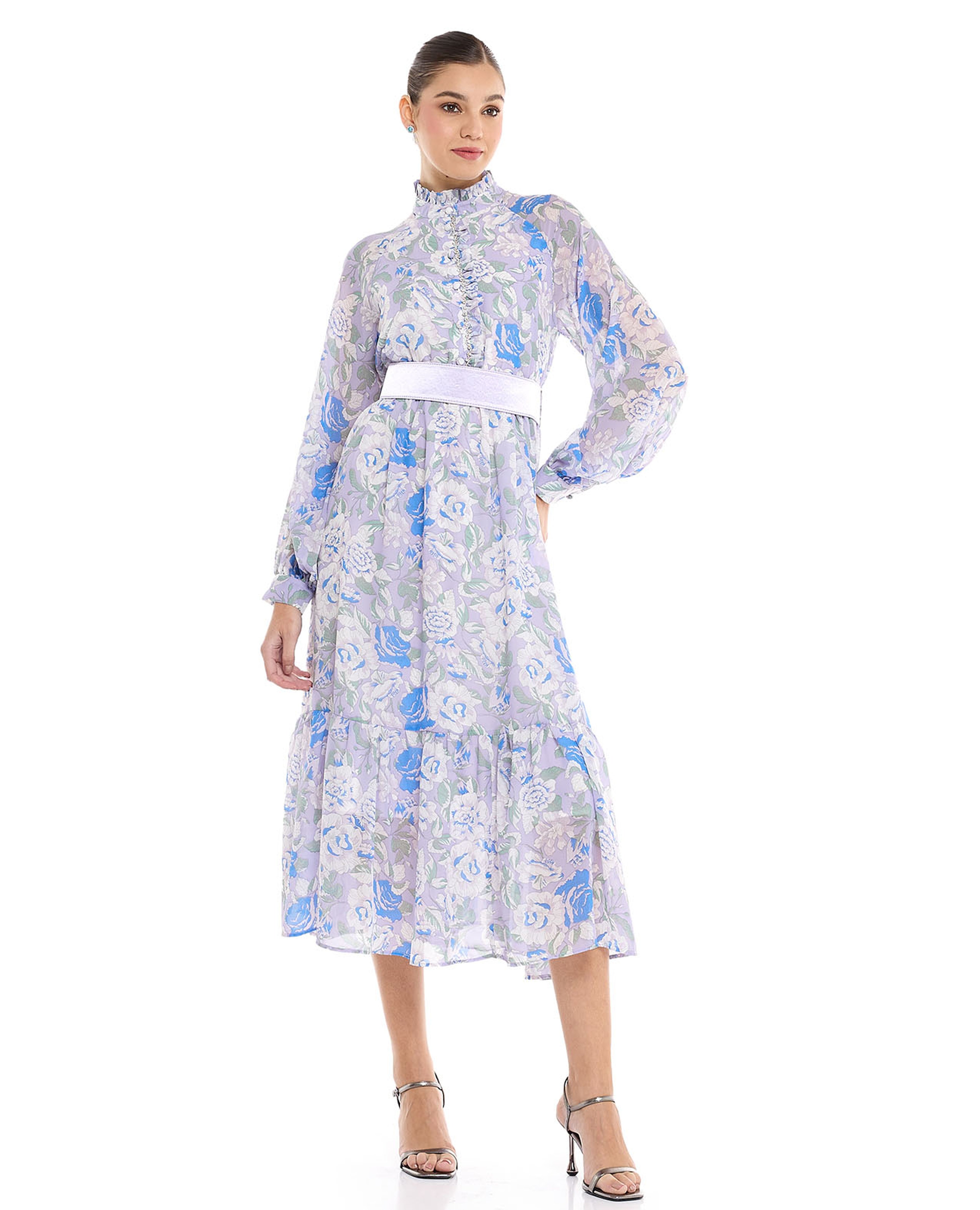 Printed Midi Dress with High Neck and Bishop Sleeves