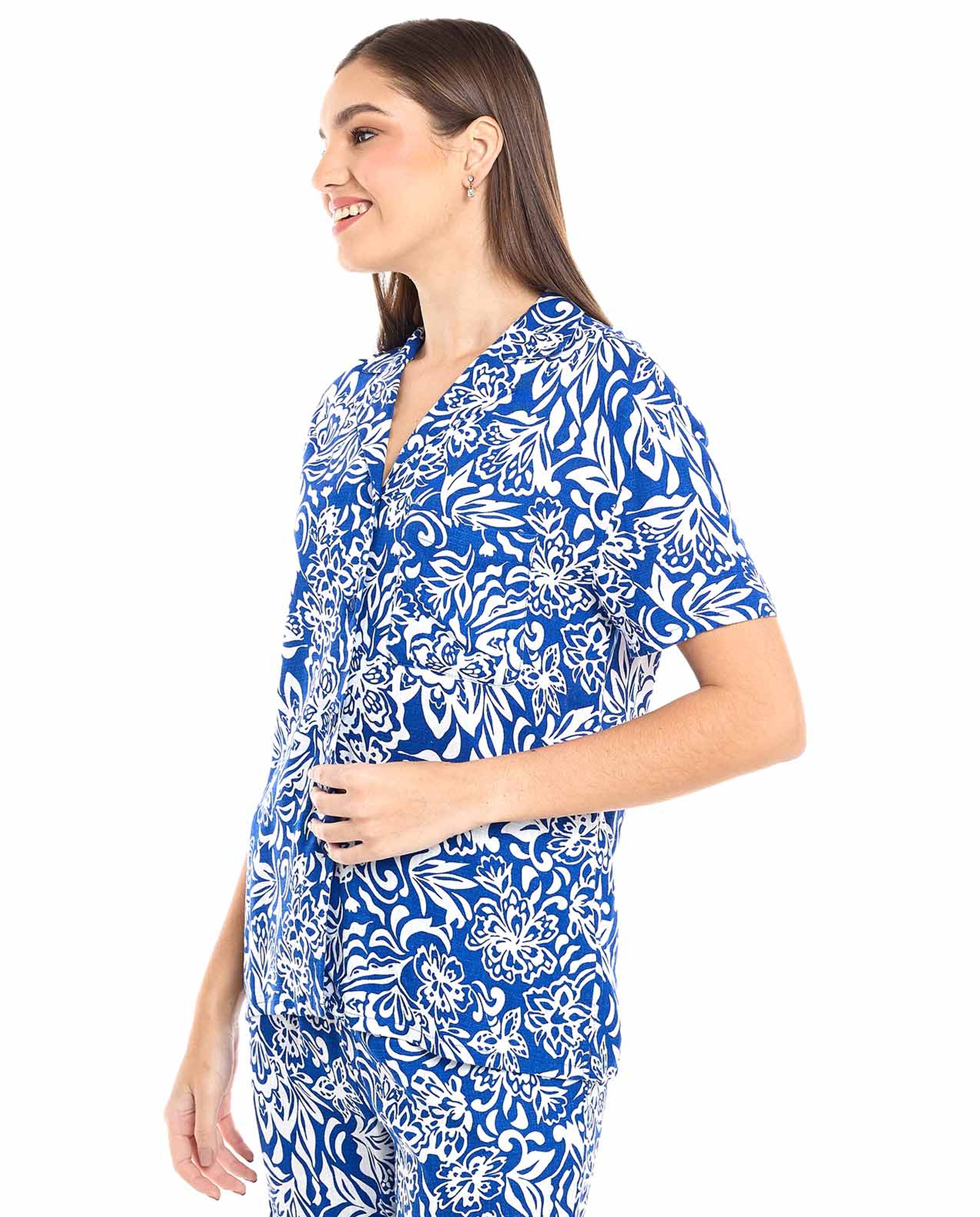 Patterned Shirt with Lapel Collar and Short Sleeves