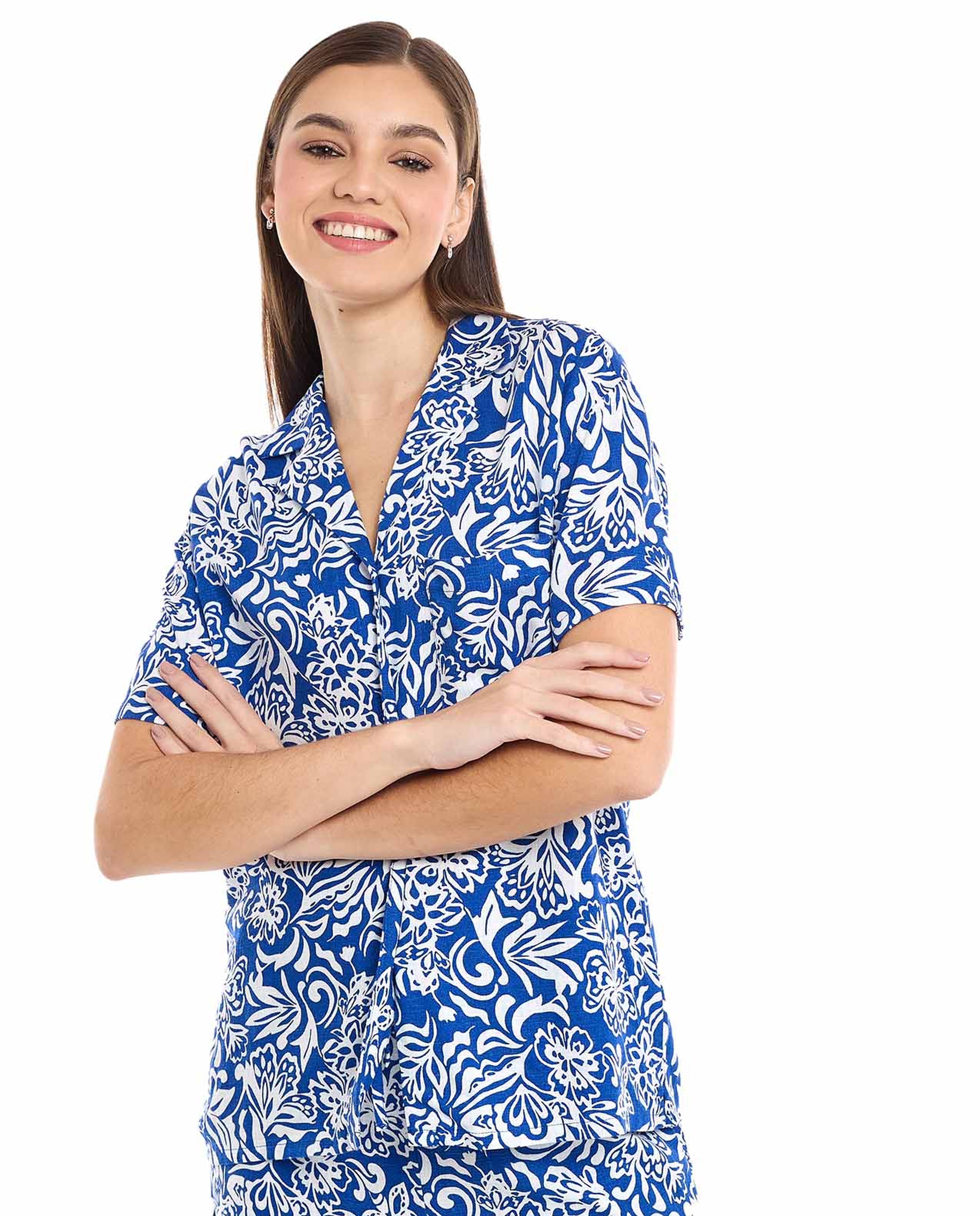 Patterned Shirt with Lapel Collar and Short Sleeves