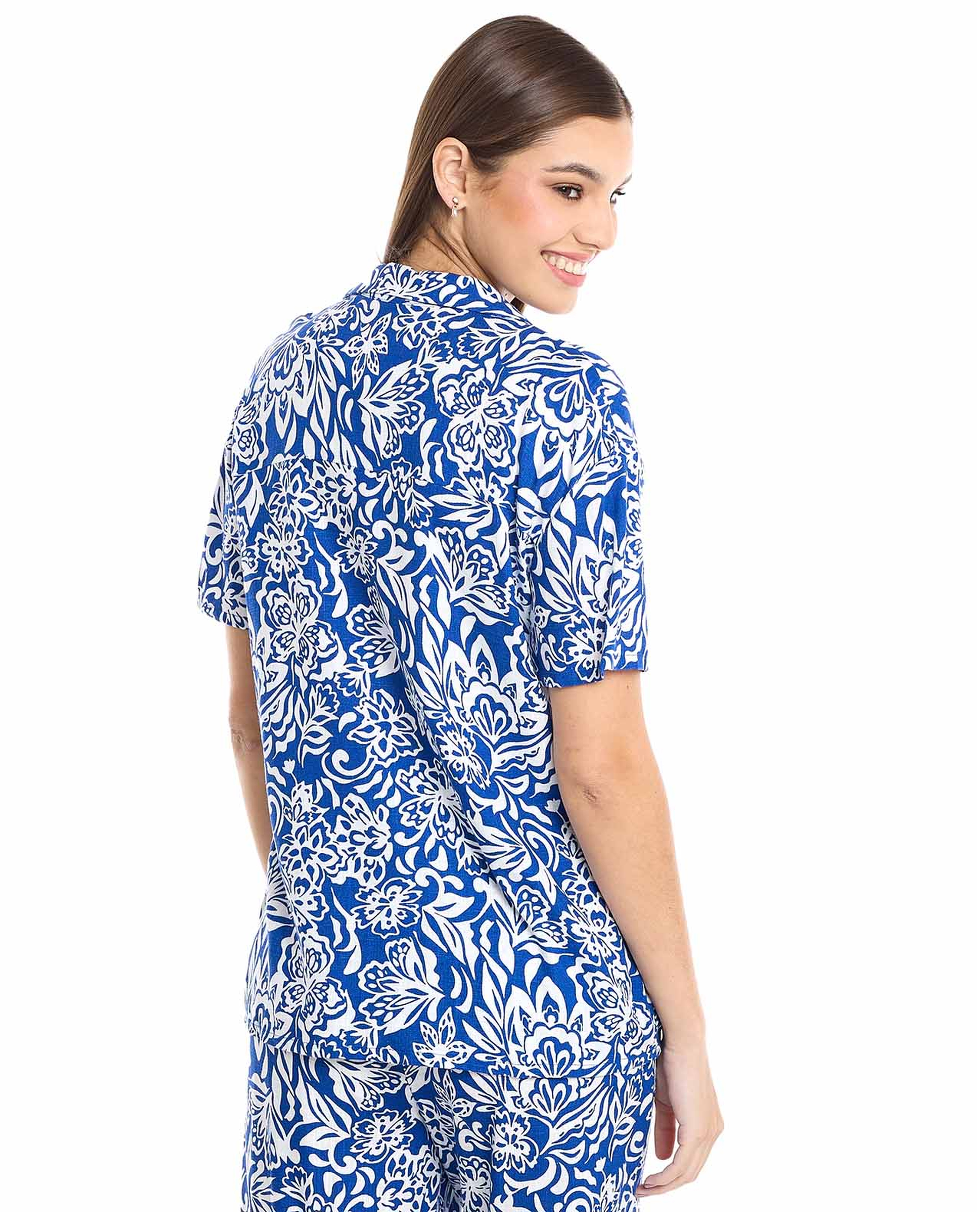 Patterned Shirt with Lapel Collar and Short Sleeves