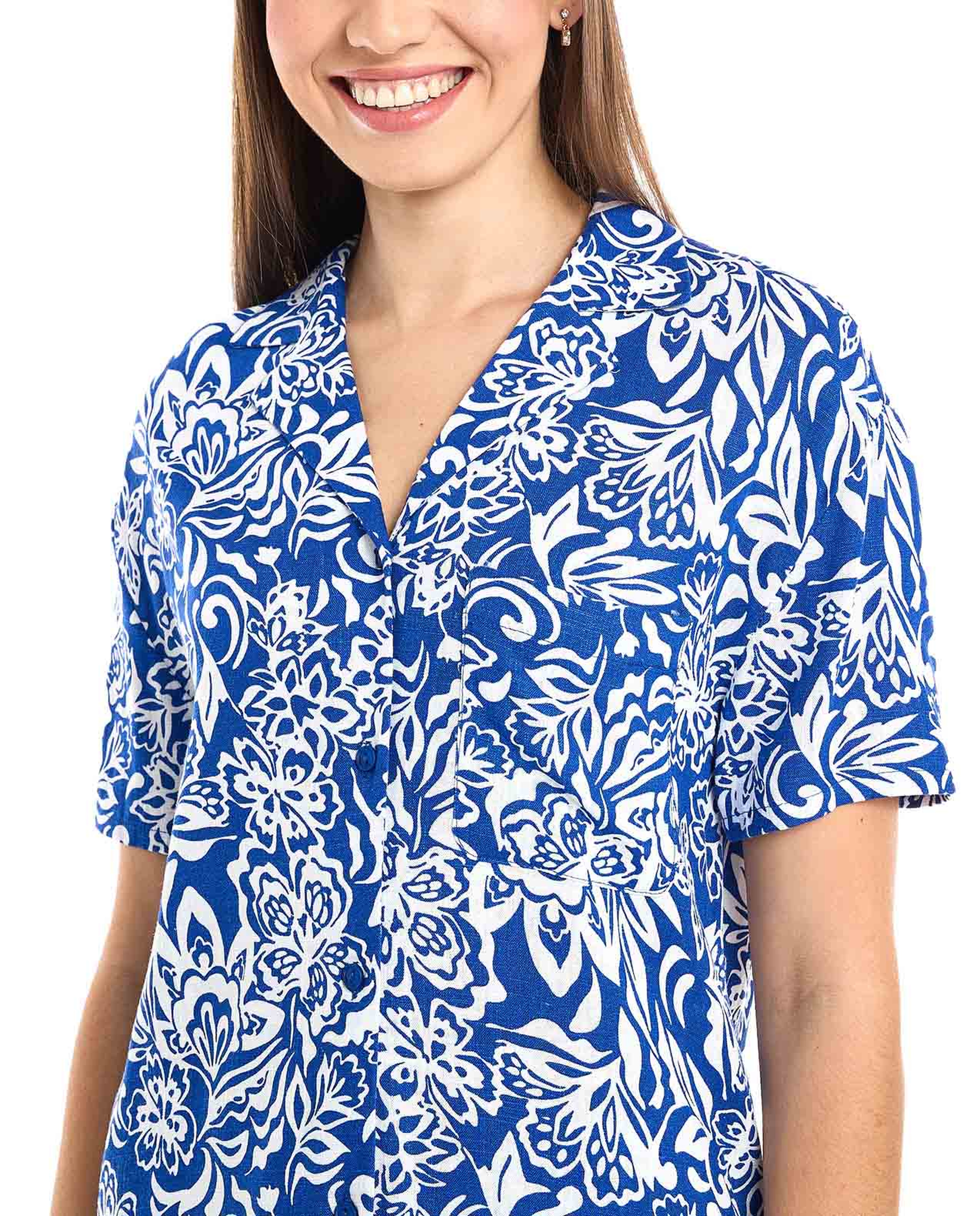 Patterned Shirt with Lapel Collar and Short Sleeves