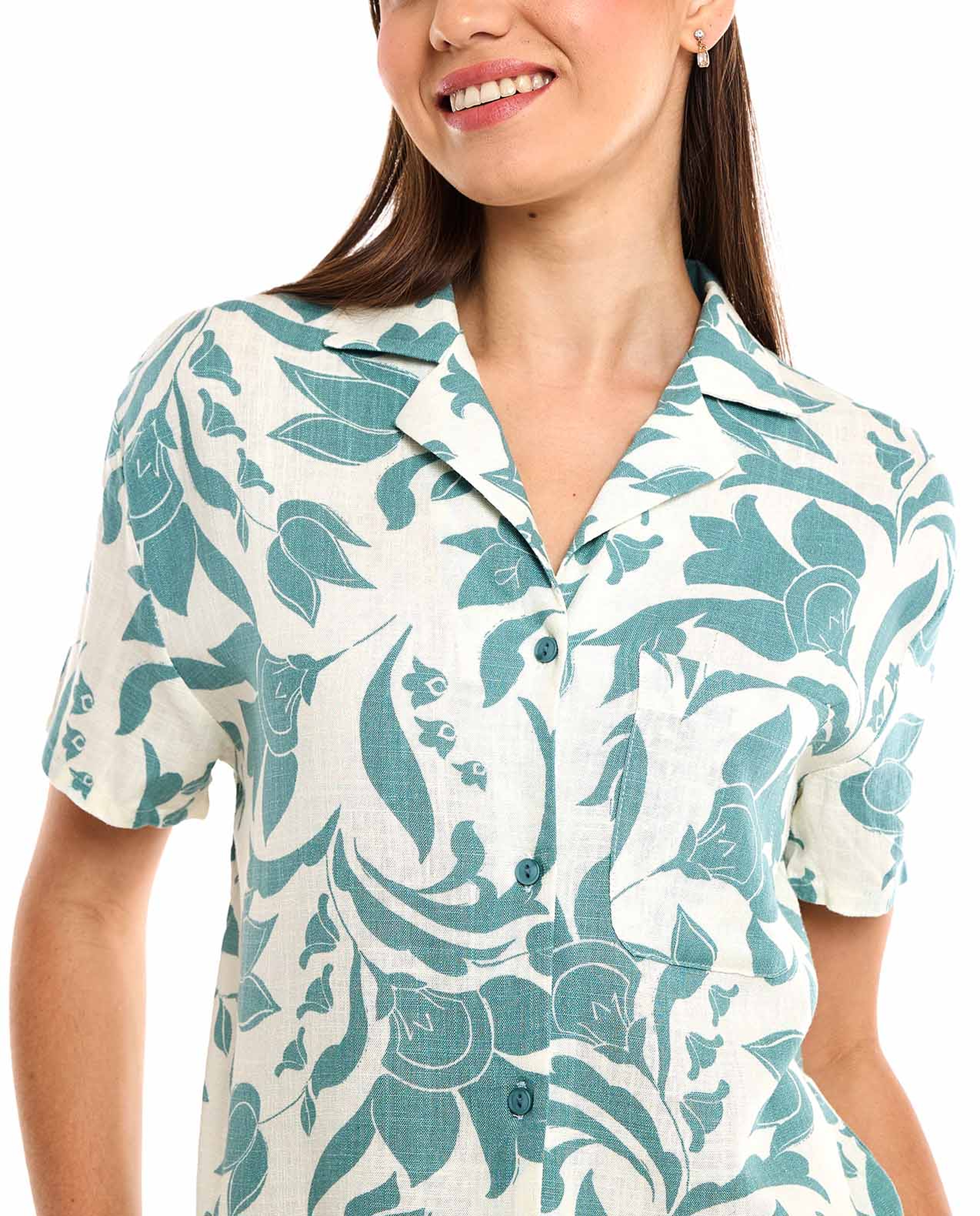 Patterned Shirt with Lapel Collar and Short Sleeves