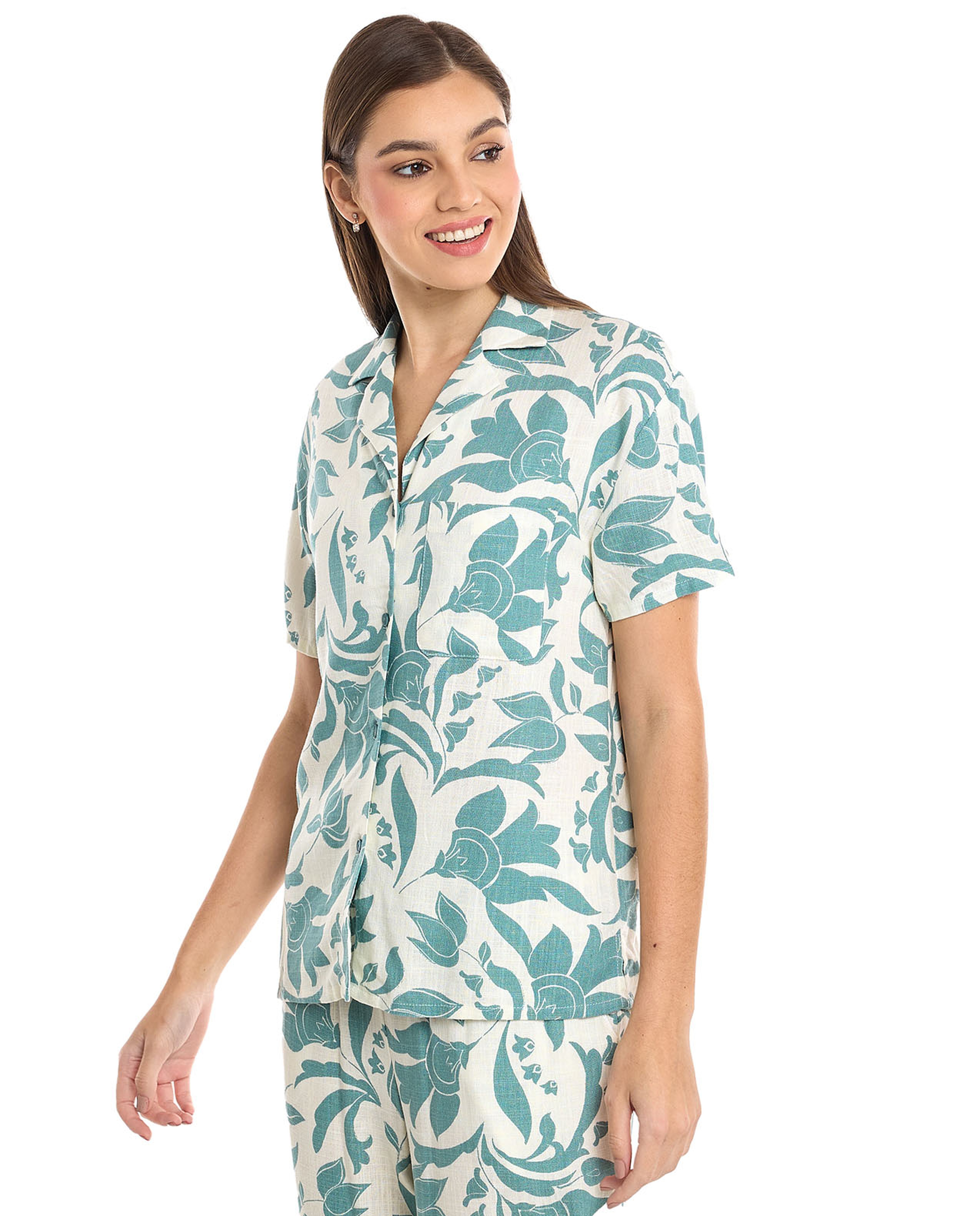 Patterned Shirt with Lapel Collar and Short Sleeves