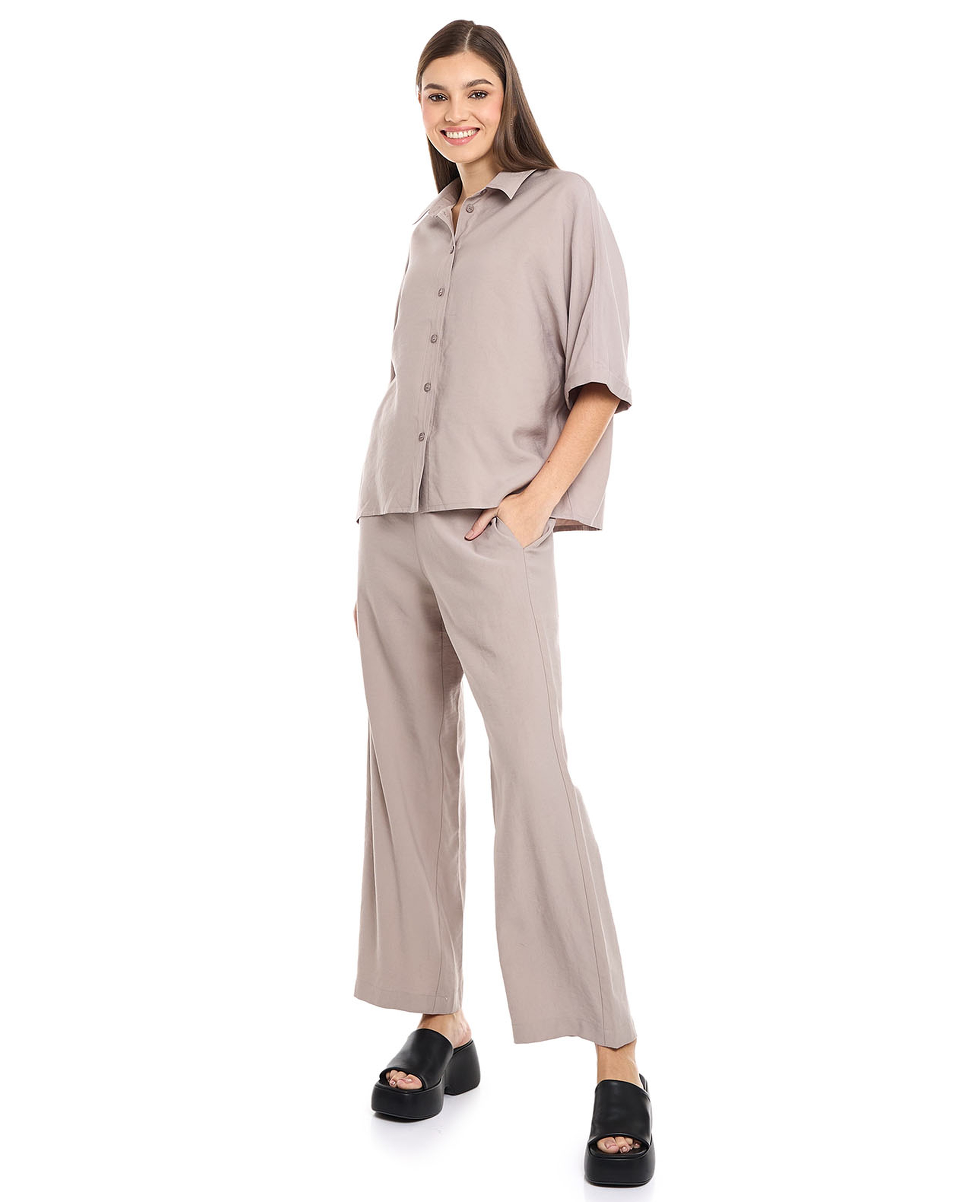 Solid Wide Leg Pants with Drawstring Waist