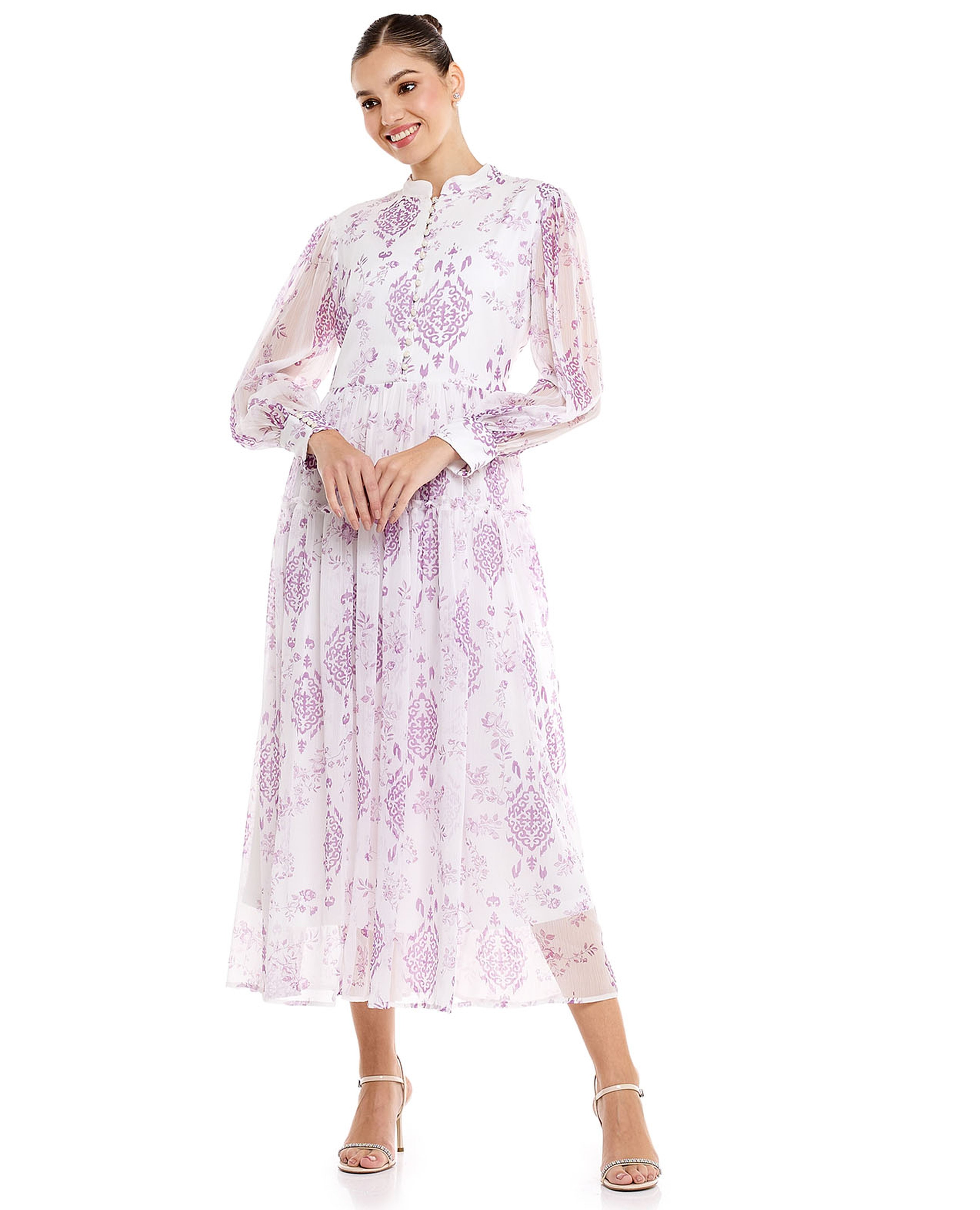 Patterned Midi Dress with Stand Collar and Long Sleeves