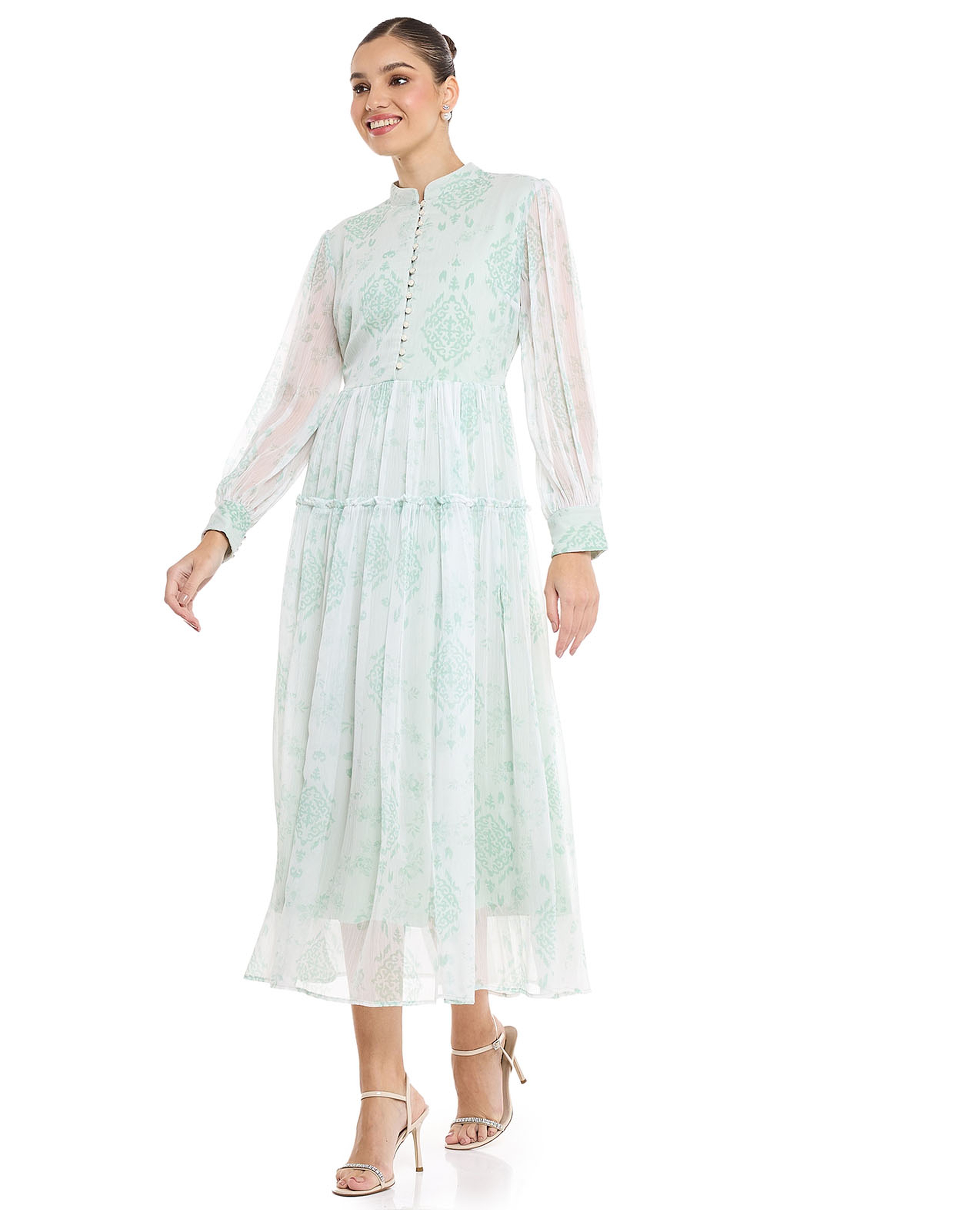 Patterned Midi Dress with Stand Collar and Long Sleeves