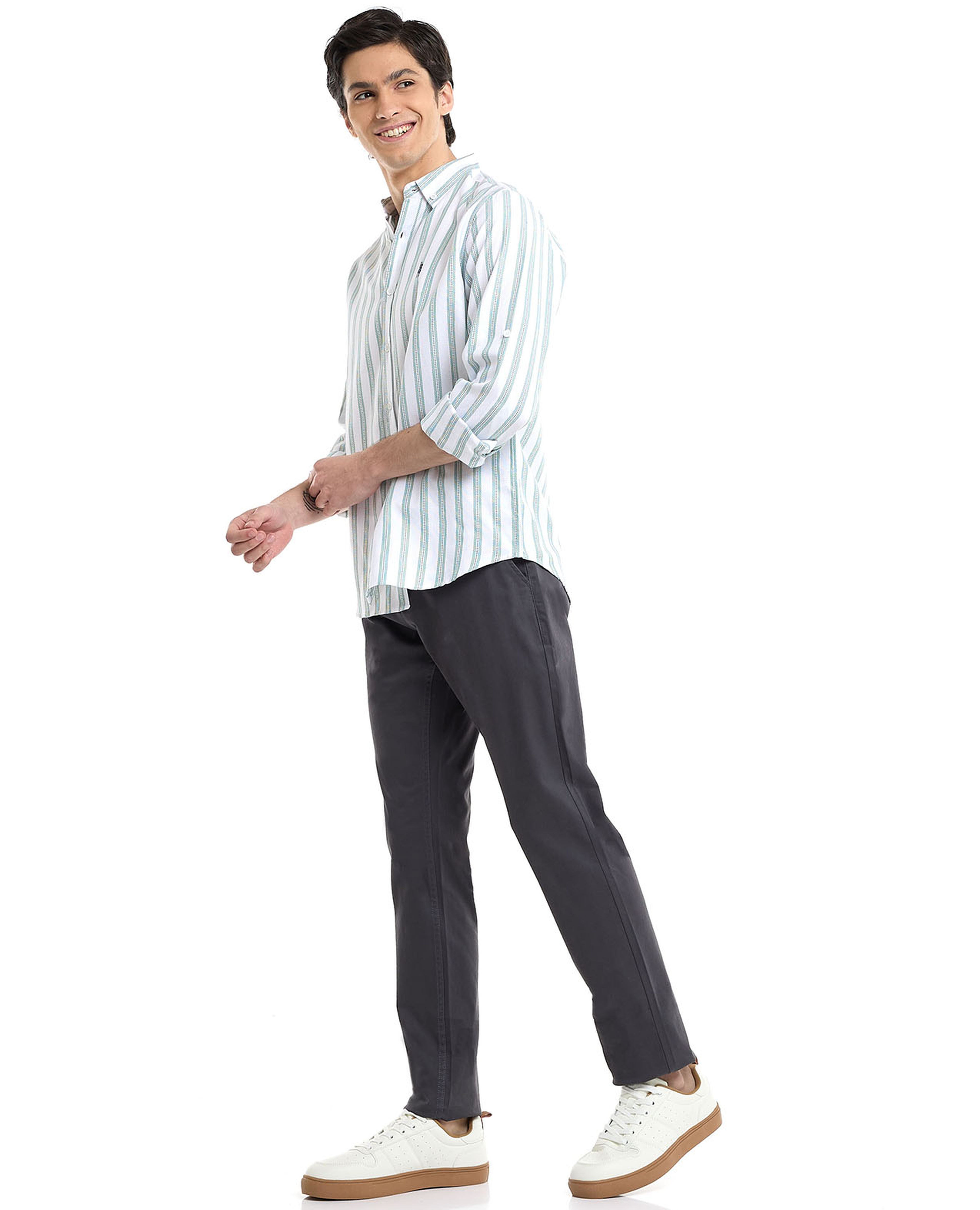 Solid Slim Fit Trousers with Button Closure