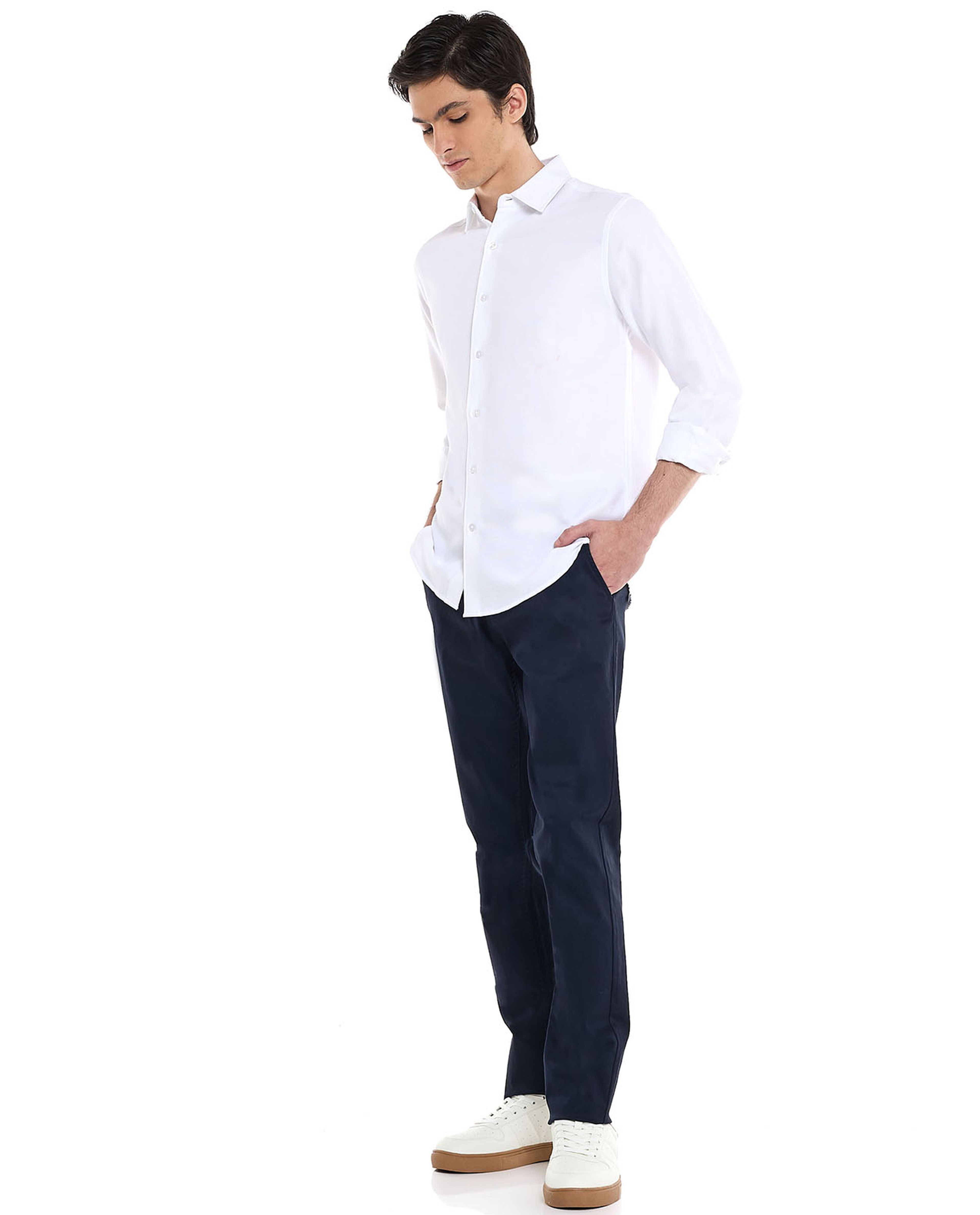 Solid Slim Fit Trousers with Button Closure