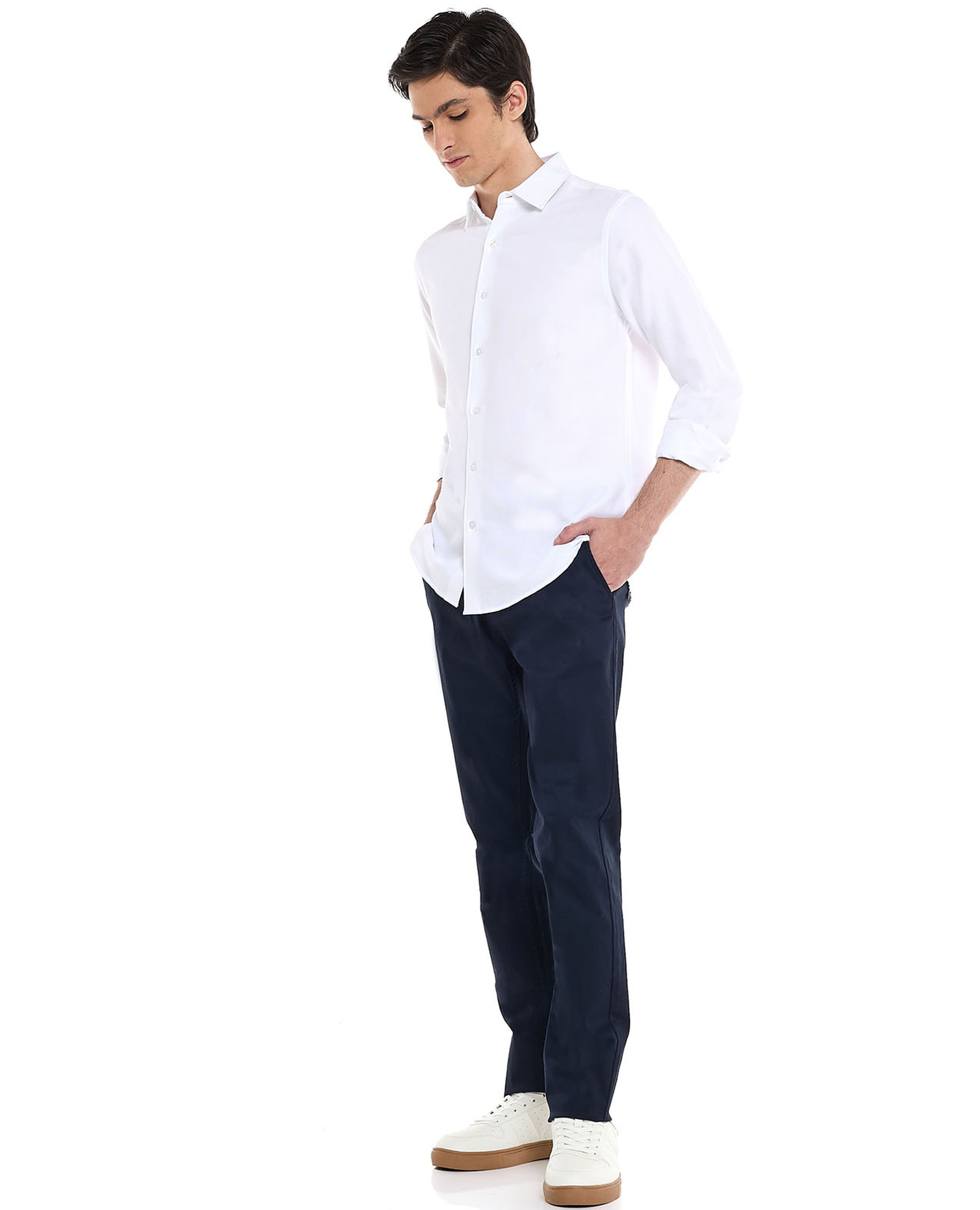 Solid Slim Fit Trousers with Button Closure