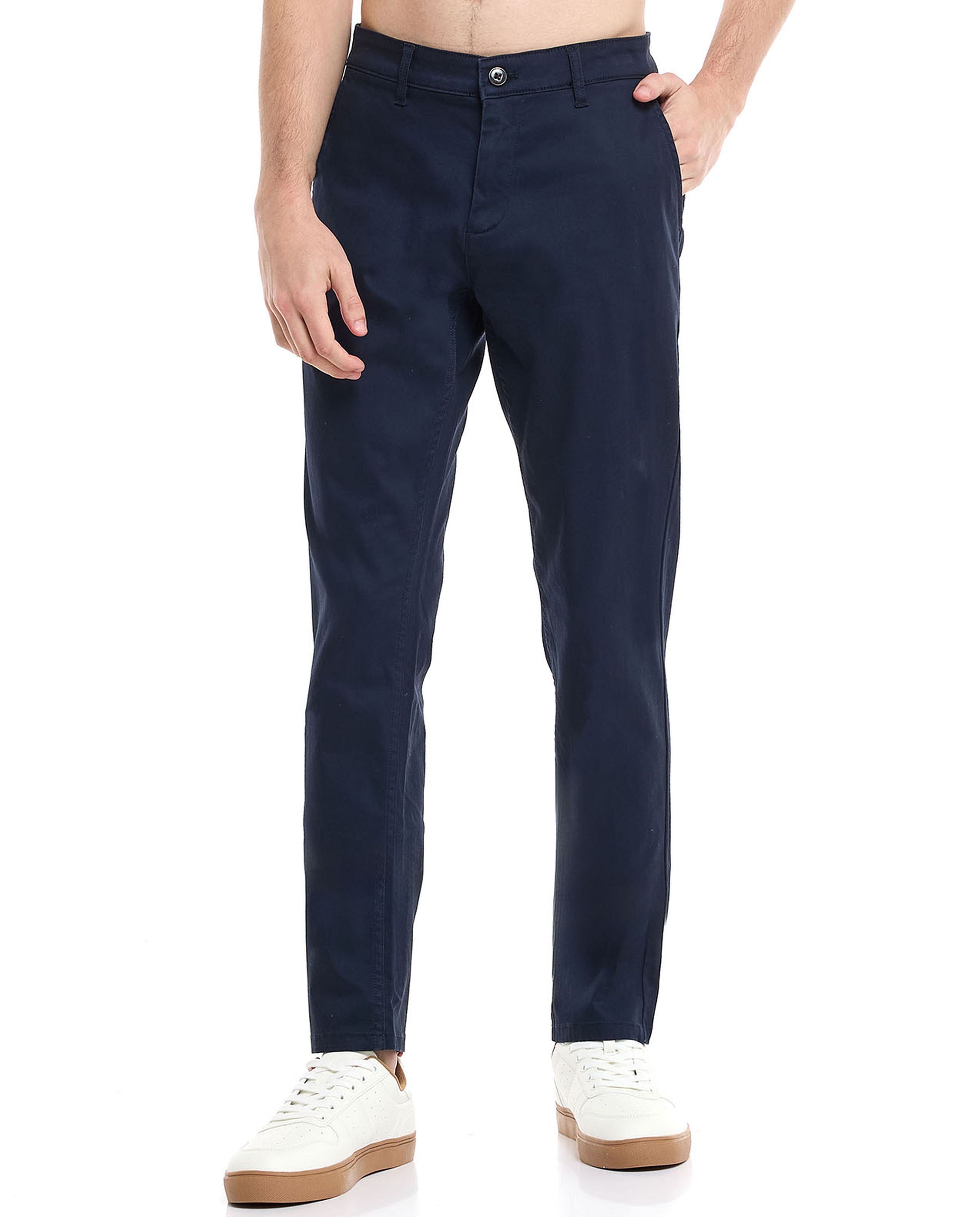 Solid Slim Fit Trousers with Button Closure