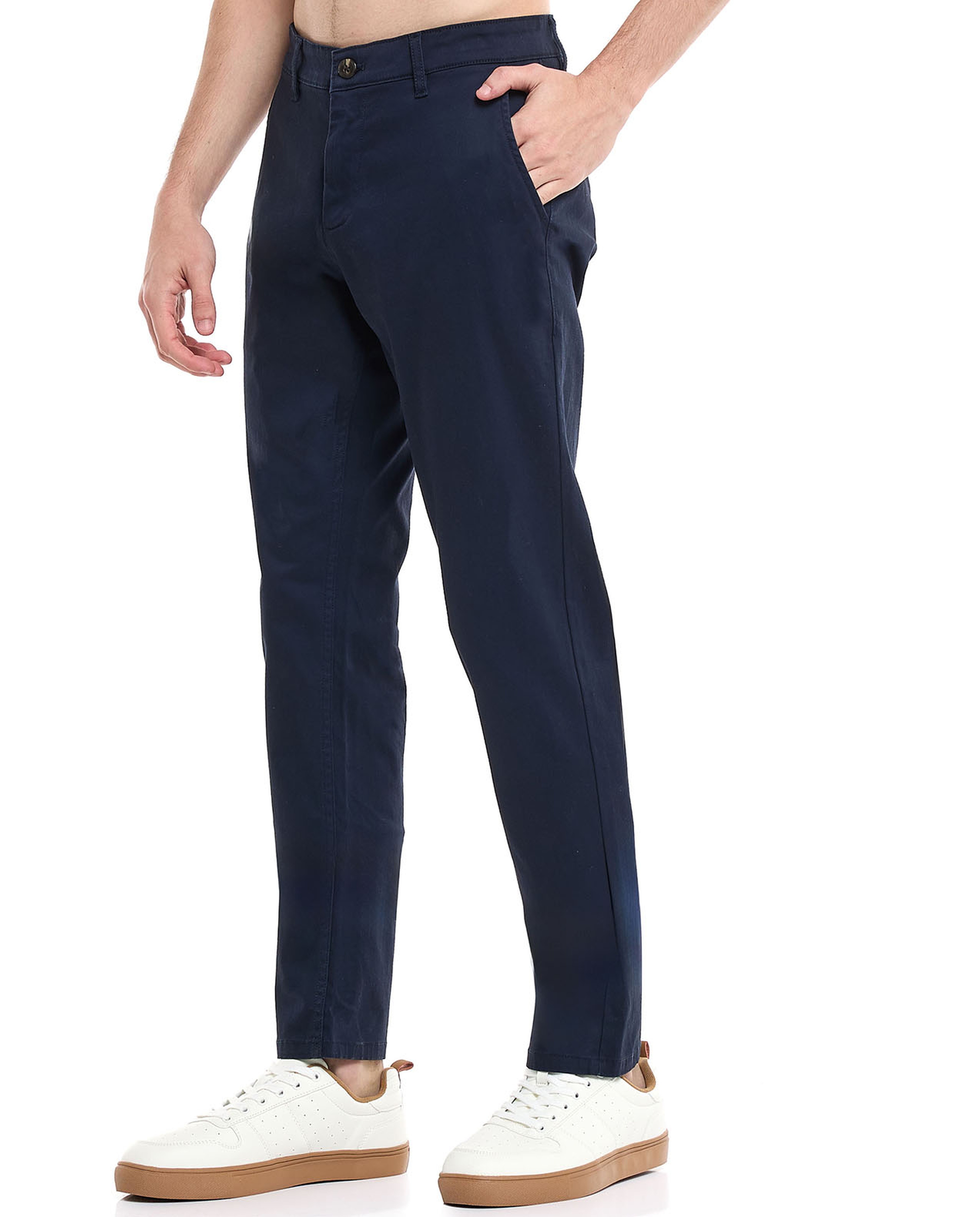 Solid Slim Fit Trousers with Button Closure