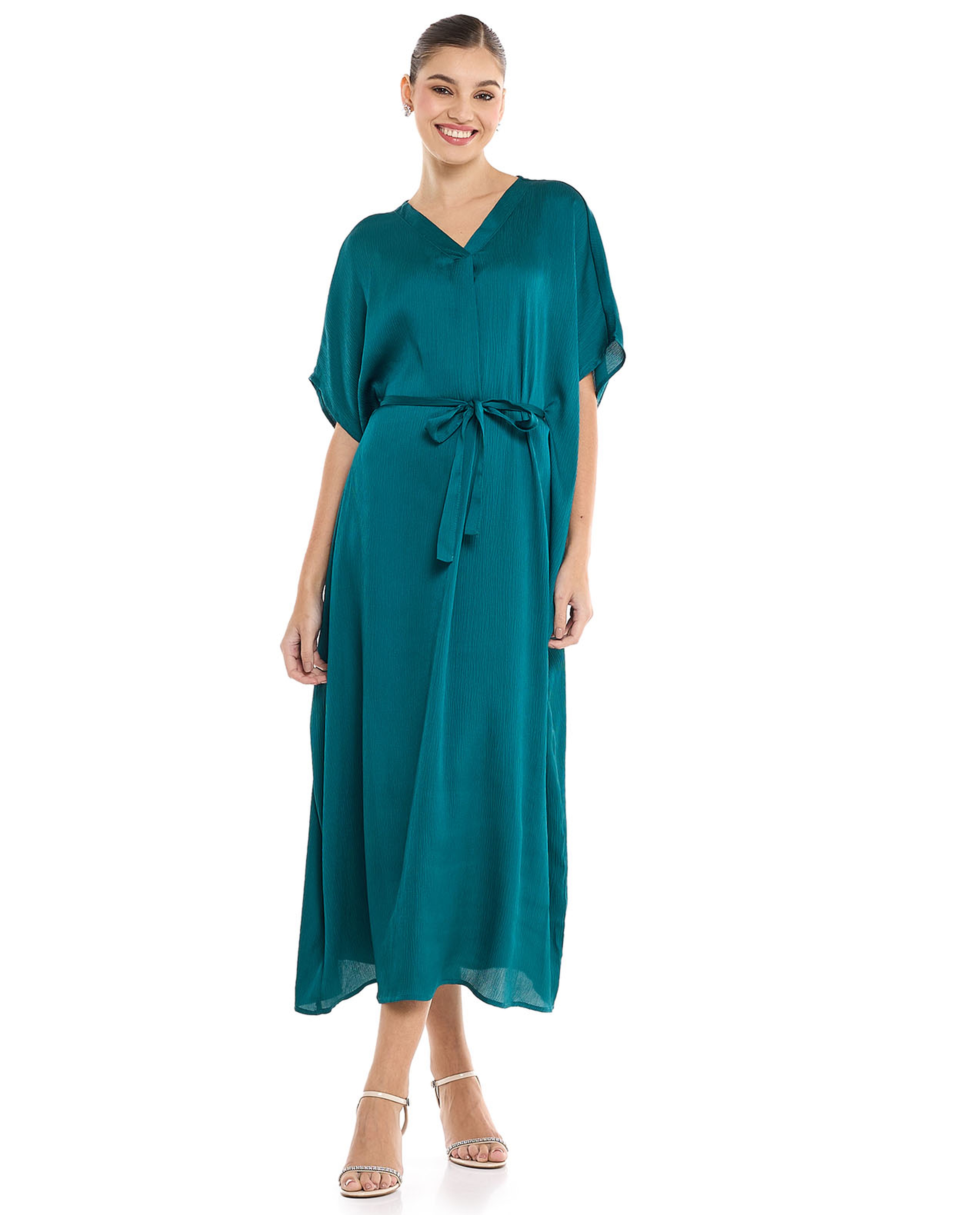 Solid Midi Dress with V-Neck and Kimono Sleeves