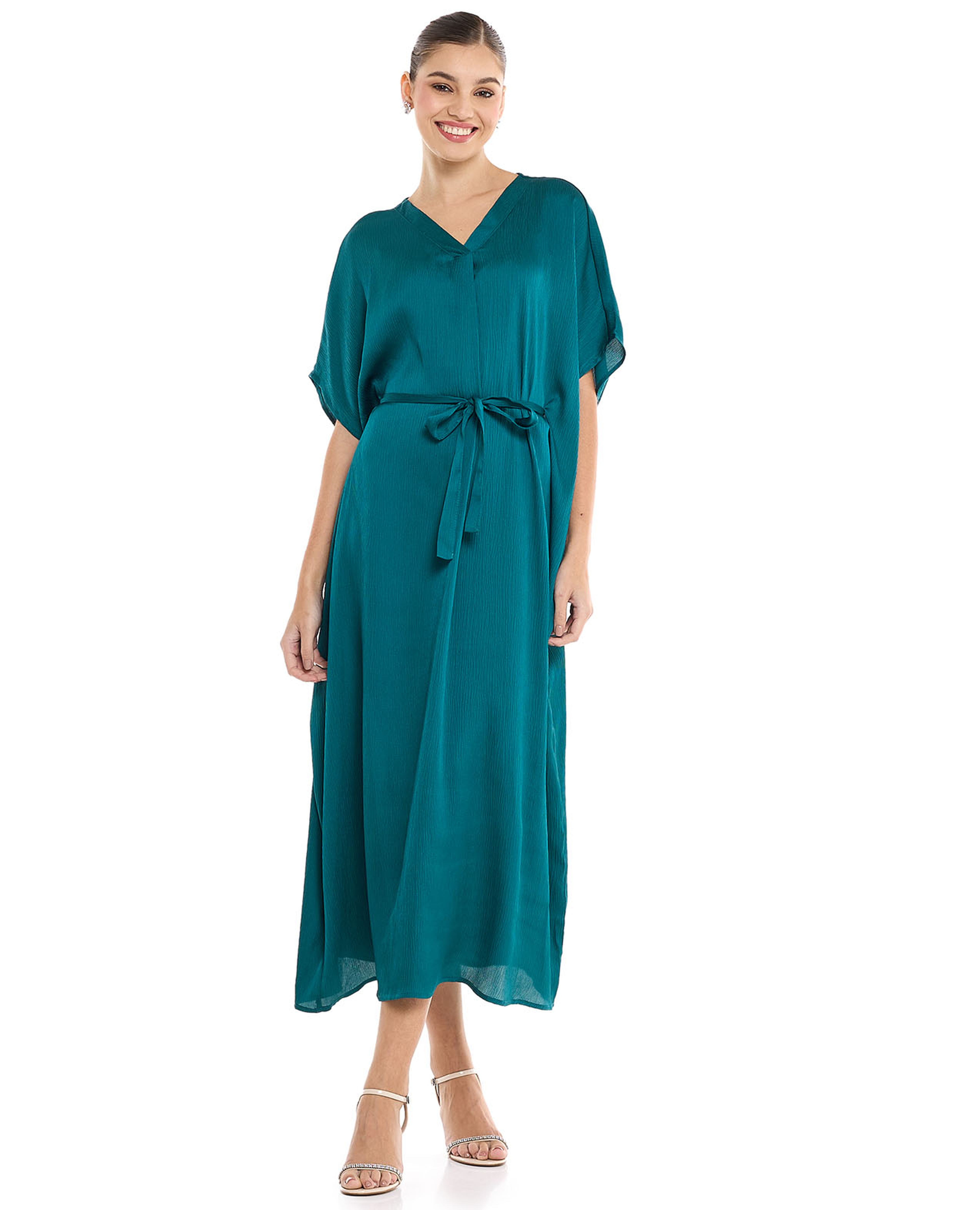 Solid Midi Dress with V-Neck and Kimono Sleeves