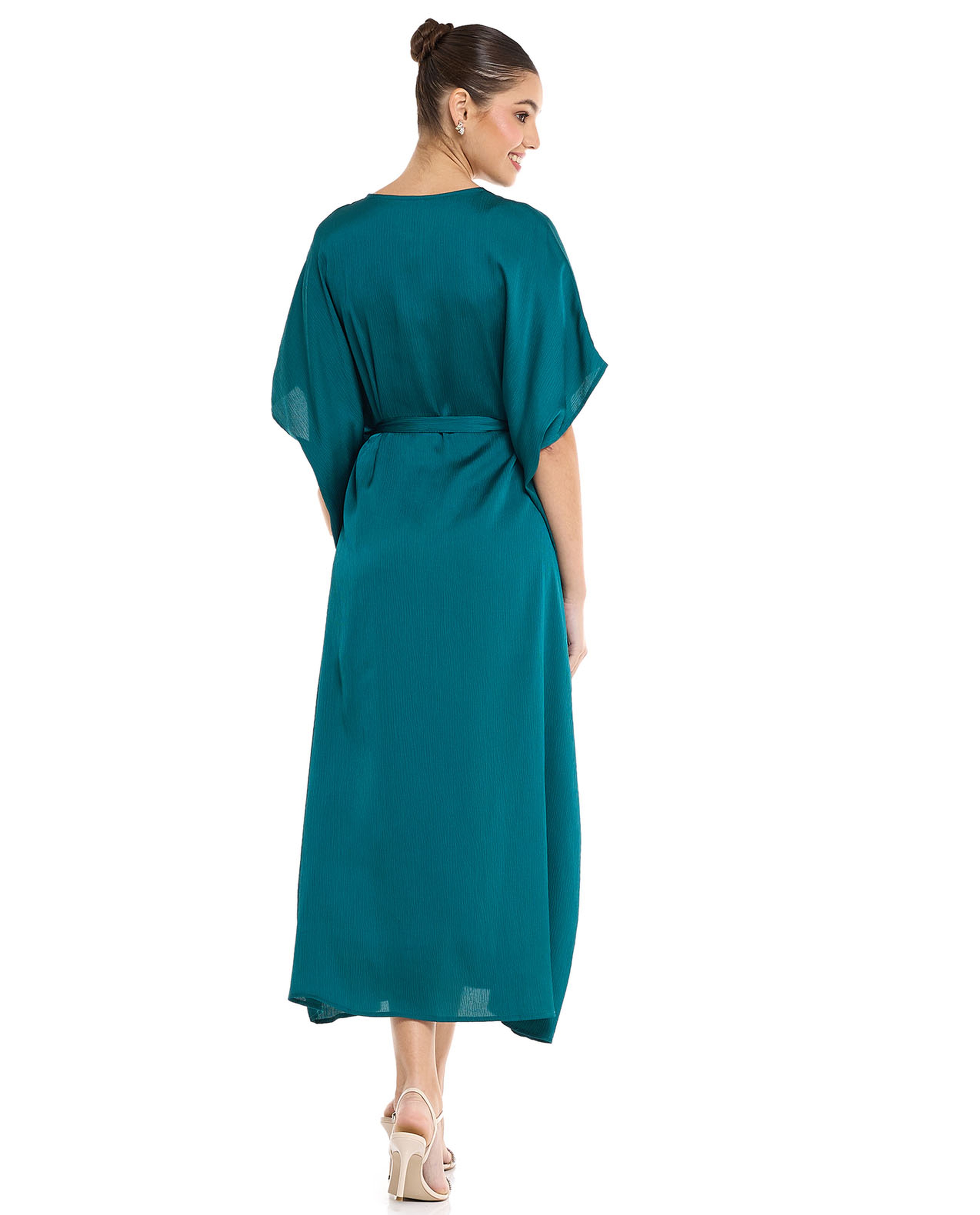 Solid Midi Dress with V-Neck and Kimono Sleeves