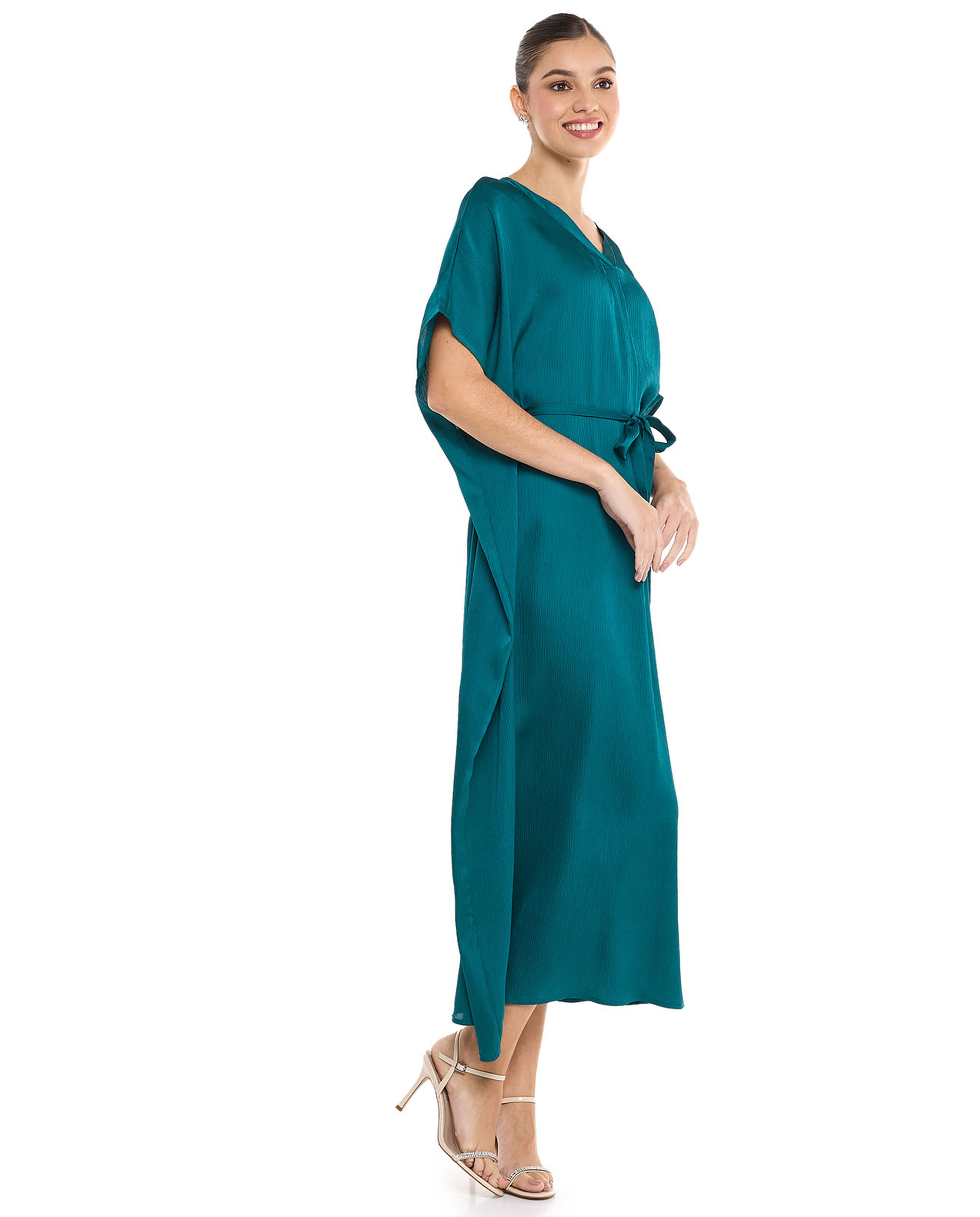 Solid Midi Dress with V-Neck and Kimono Sleeves