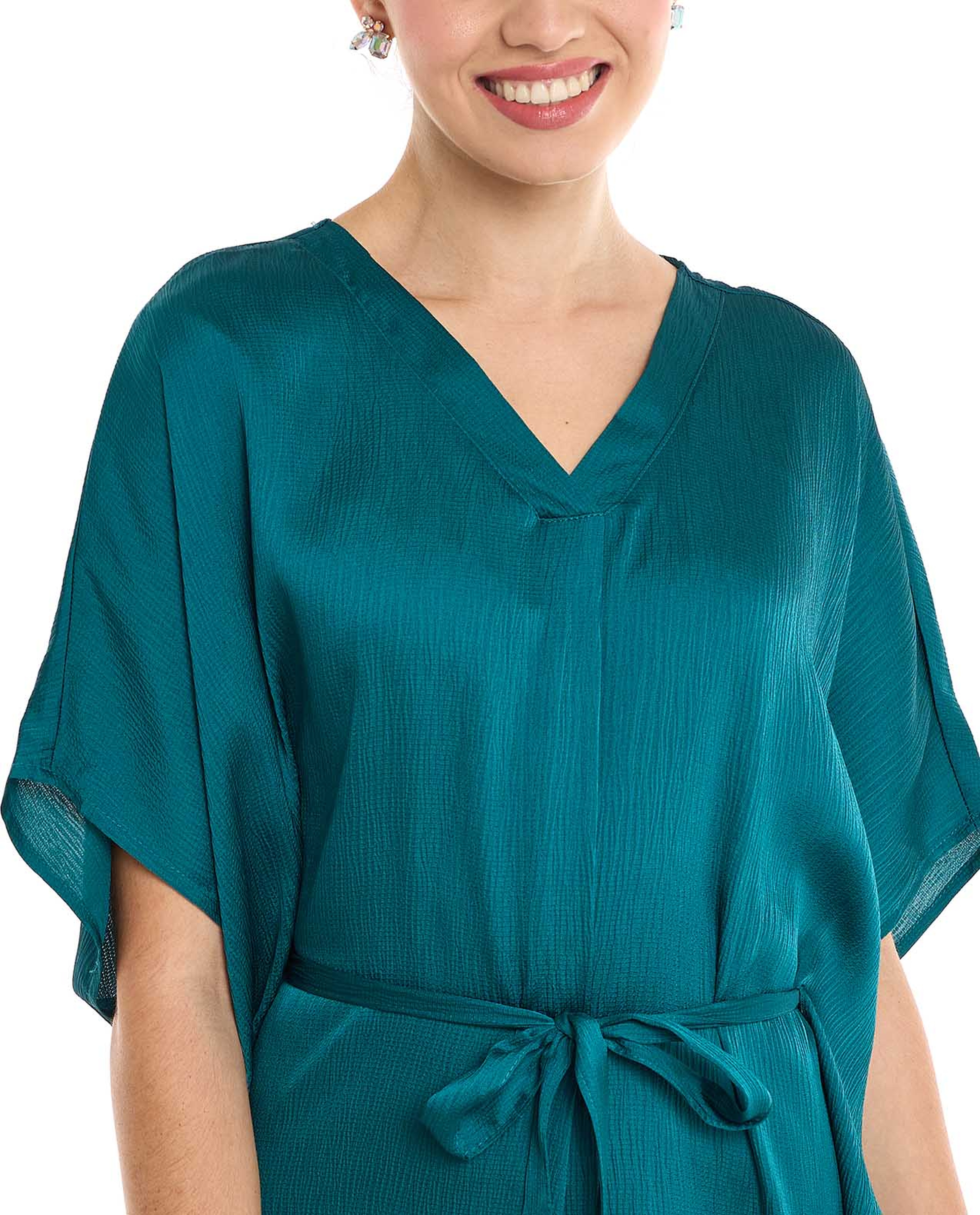 Solid Midi Dress with V-Neck and Kimono Sleeves