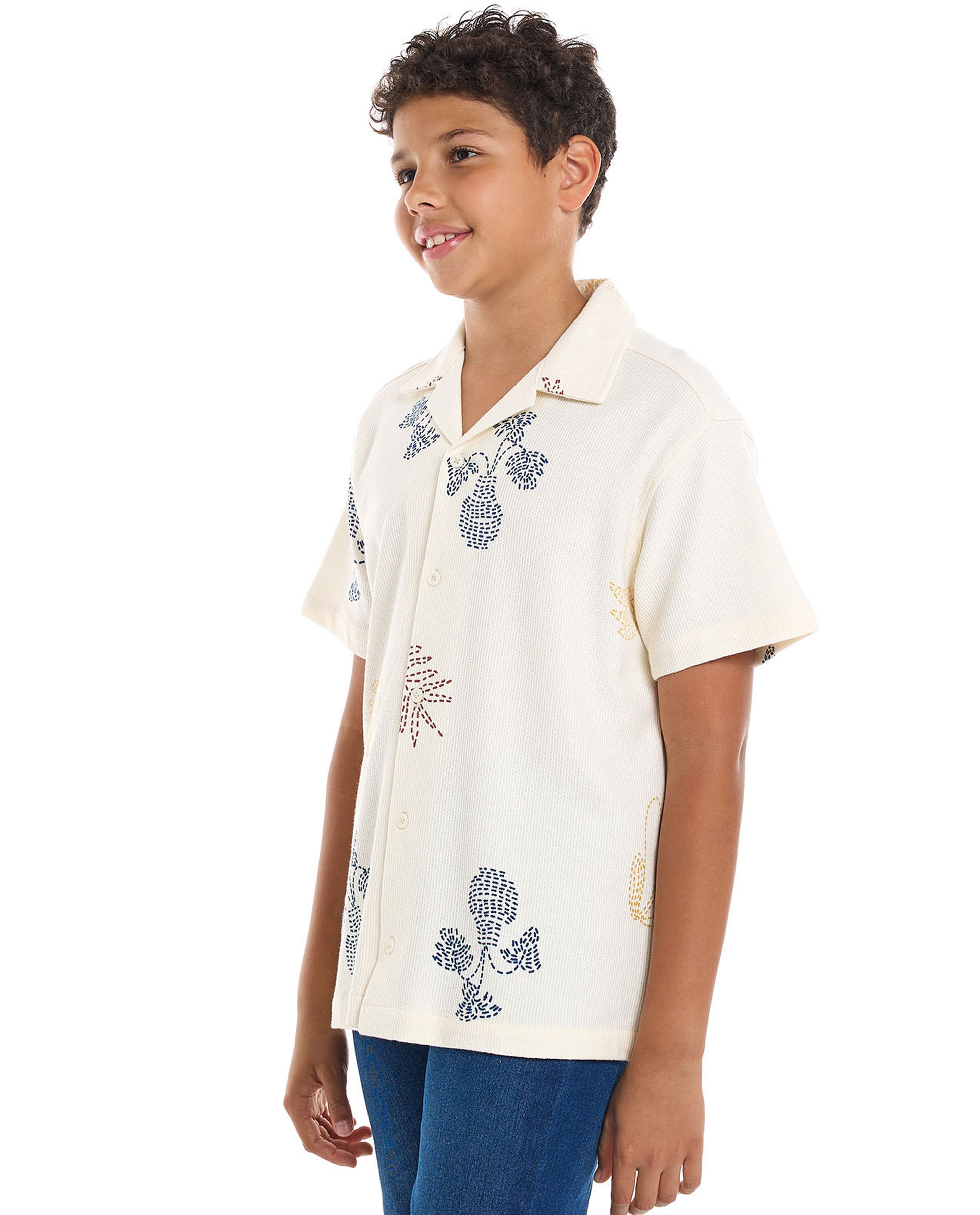 Printed Shirt with Revere Collar and Short Sleeves