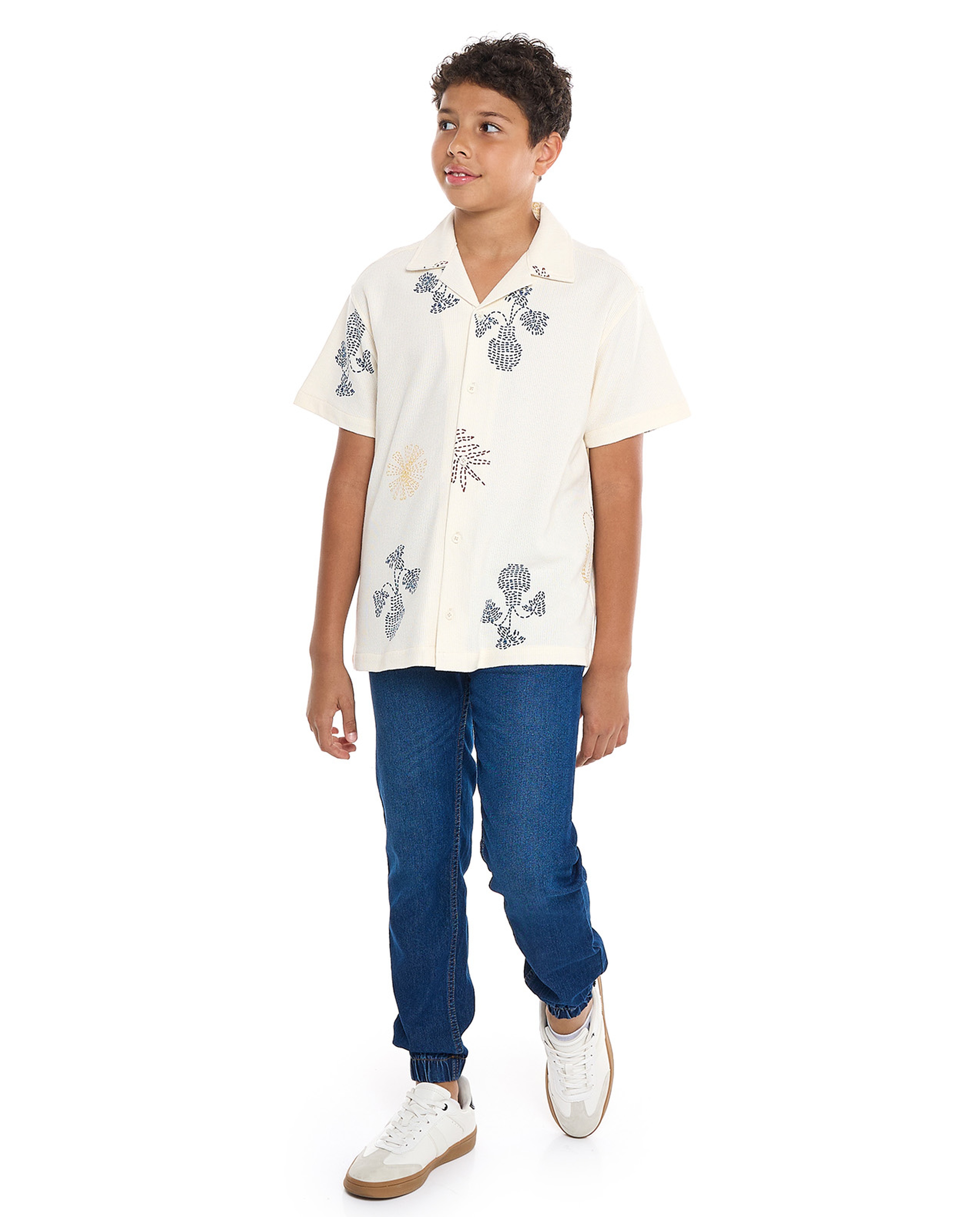 Printed Shirt with Revere Collar and Short Sleeves
