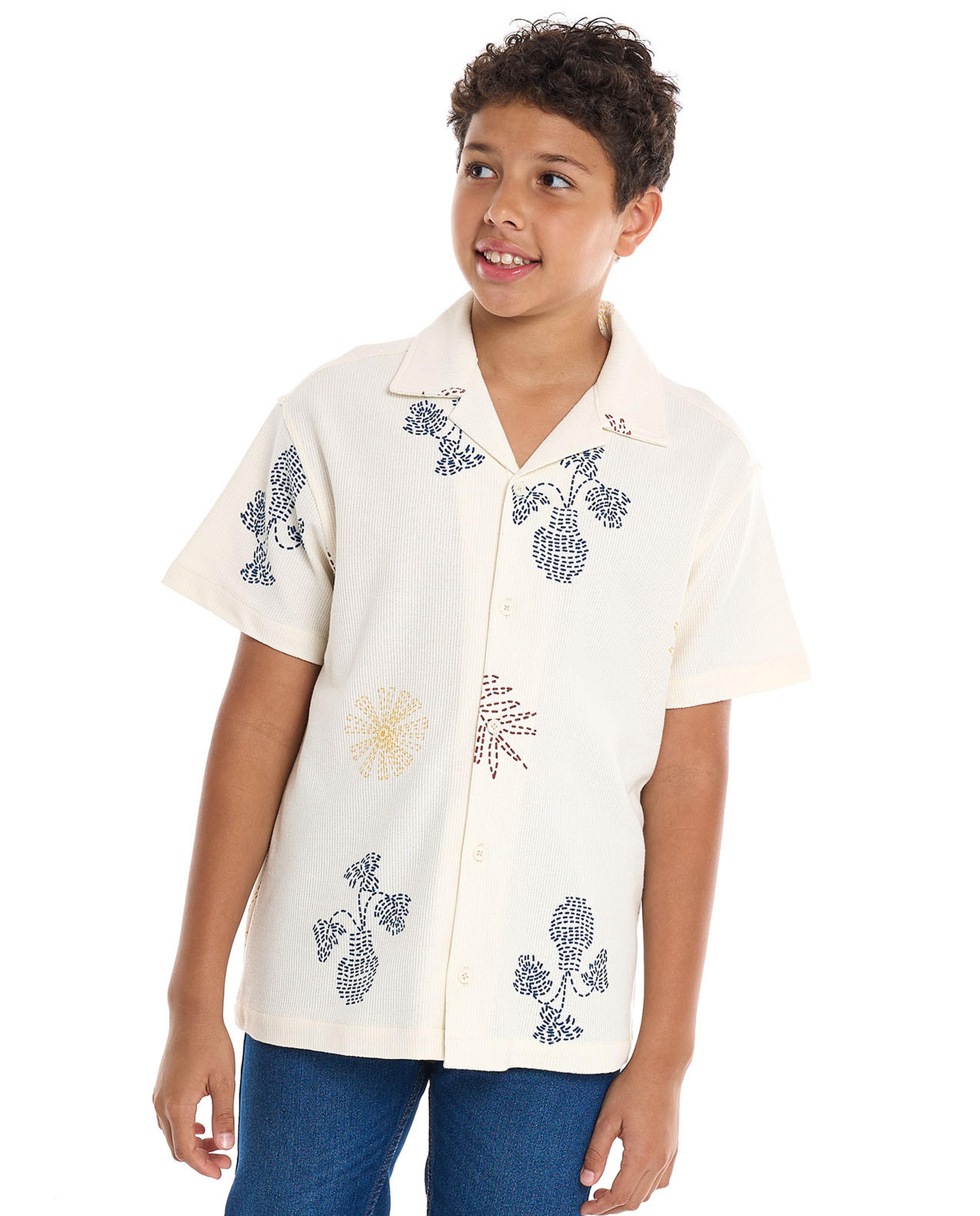 Printed Shirt with Revere Collar and Short Sleeves