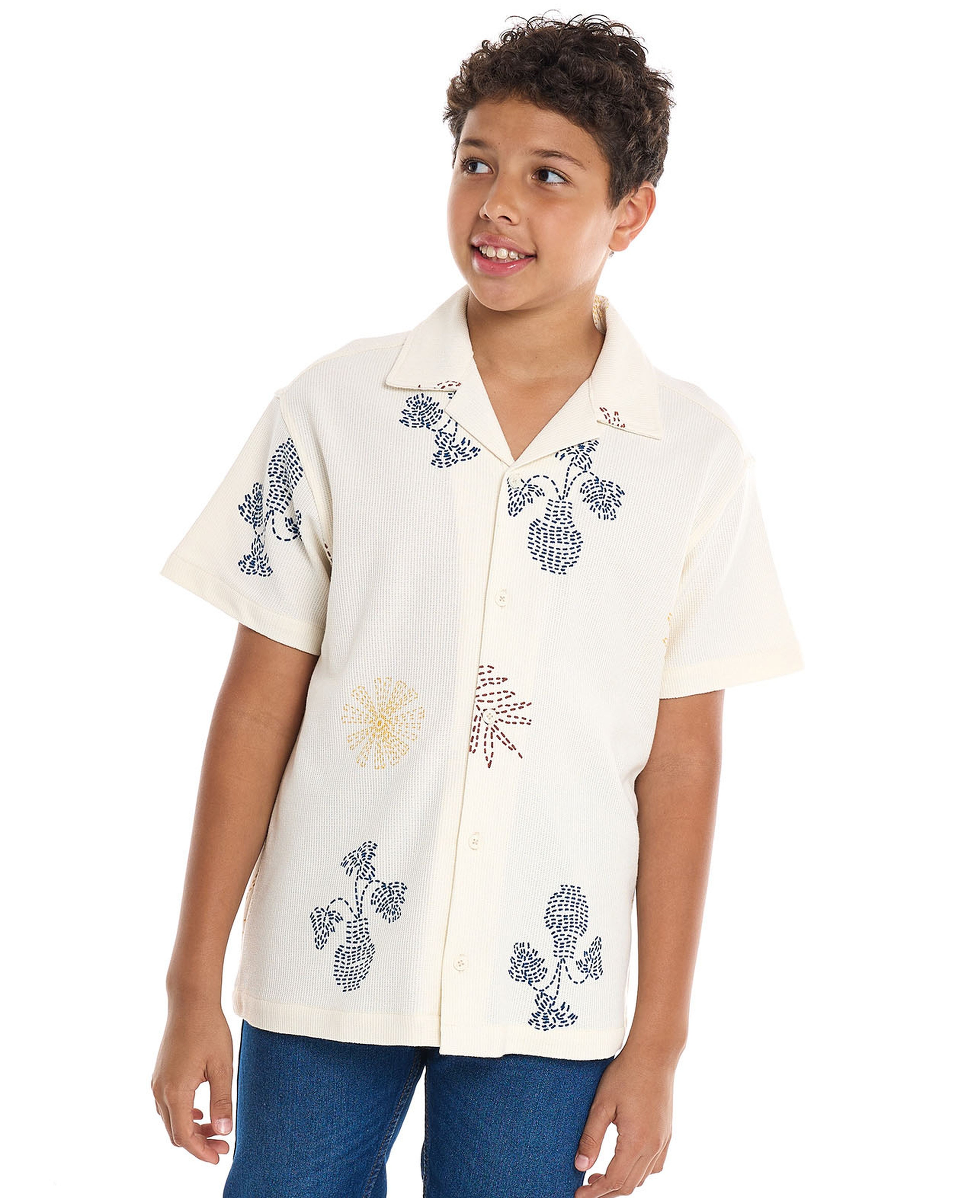 Printed Shirt with Revere Collar and Short Sleeves