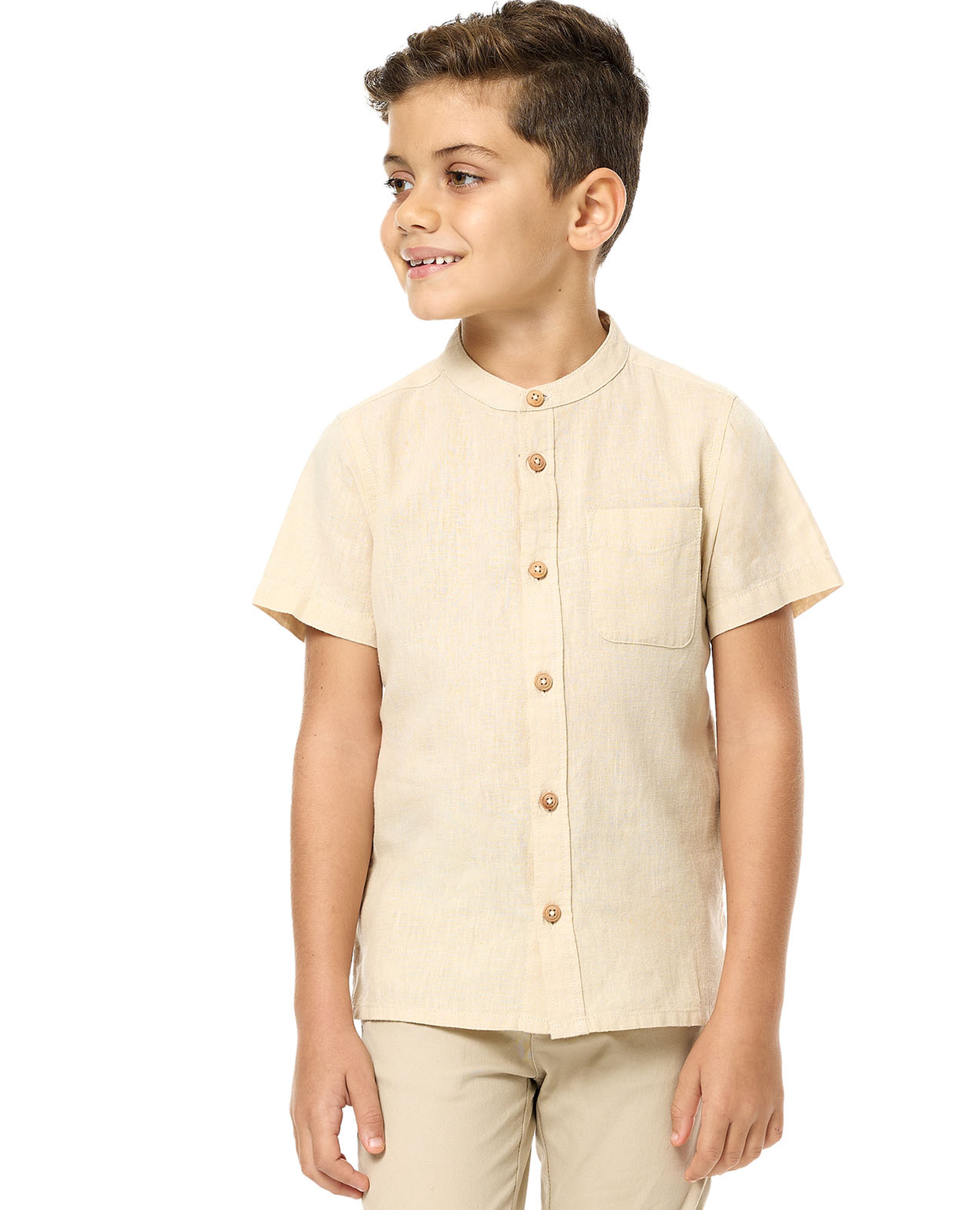 Pocket Detail Shirt with Mandarin Collar and Short Sleeves