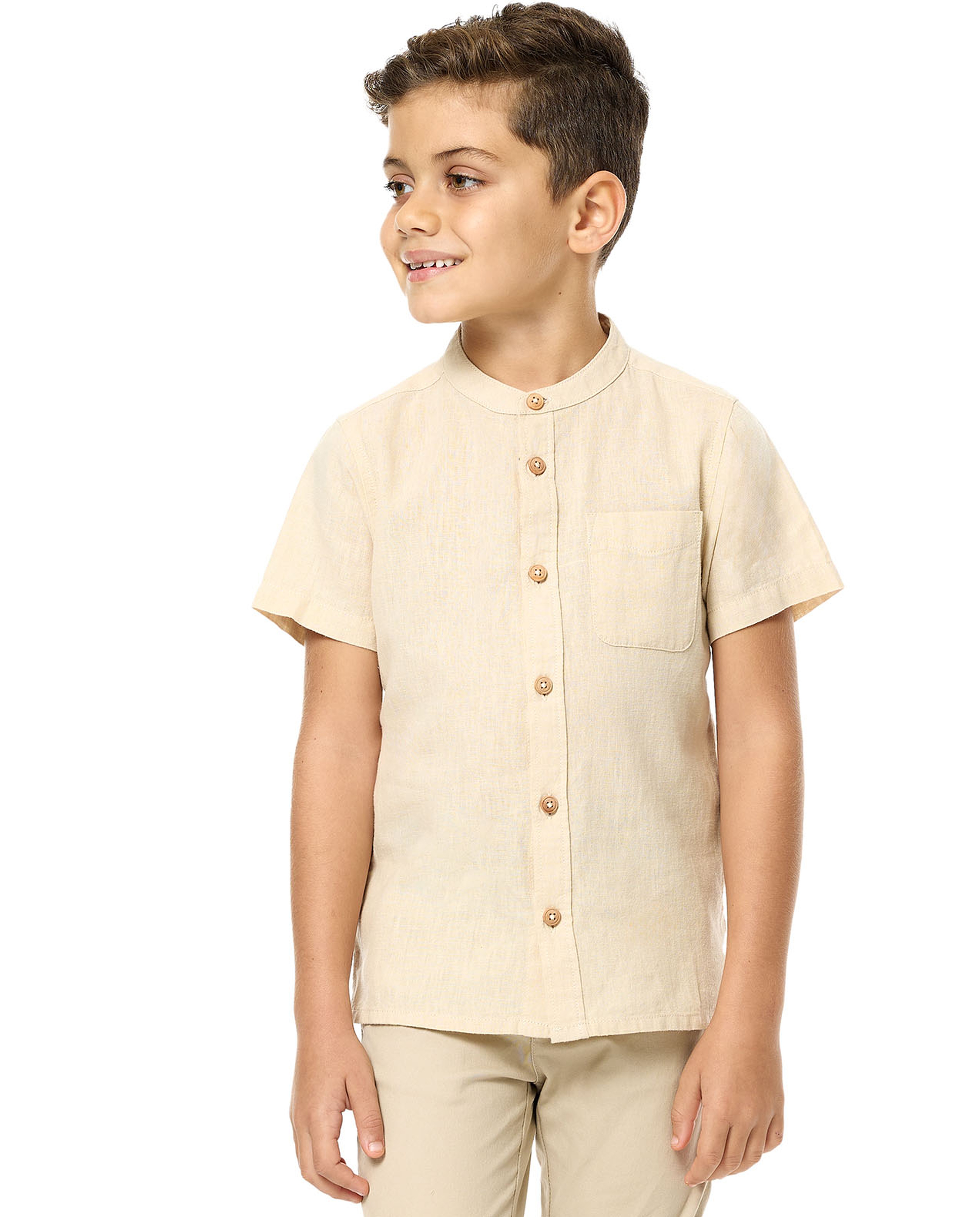 Pocket Detail Shirt with Mandarin Collar and Short Sleeves