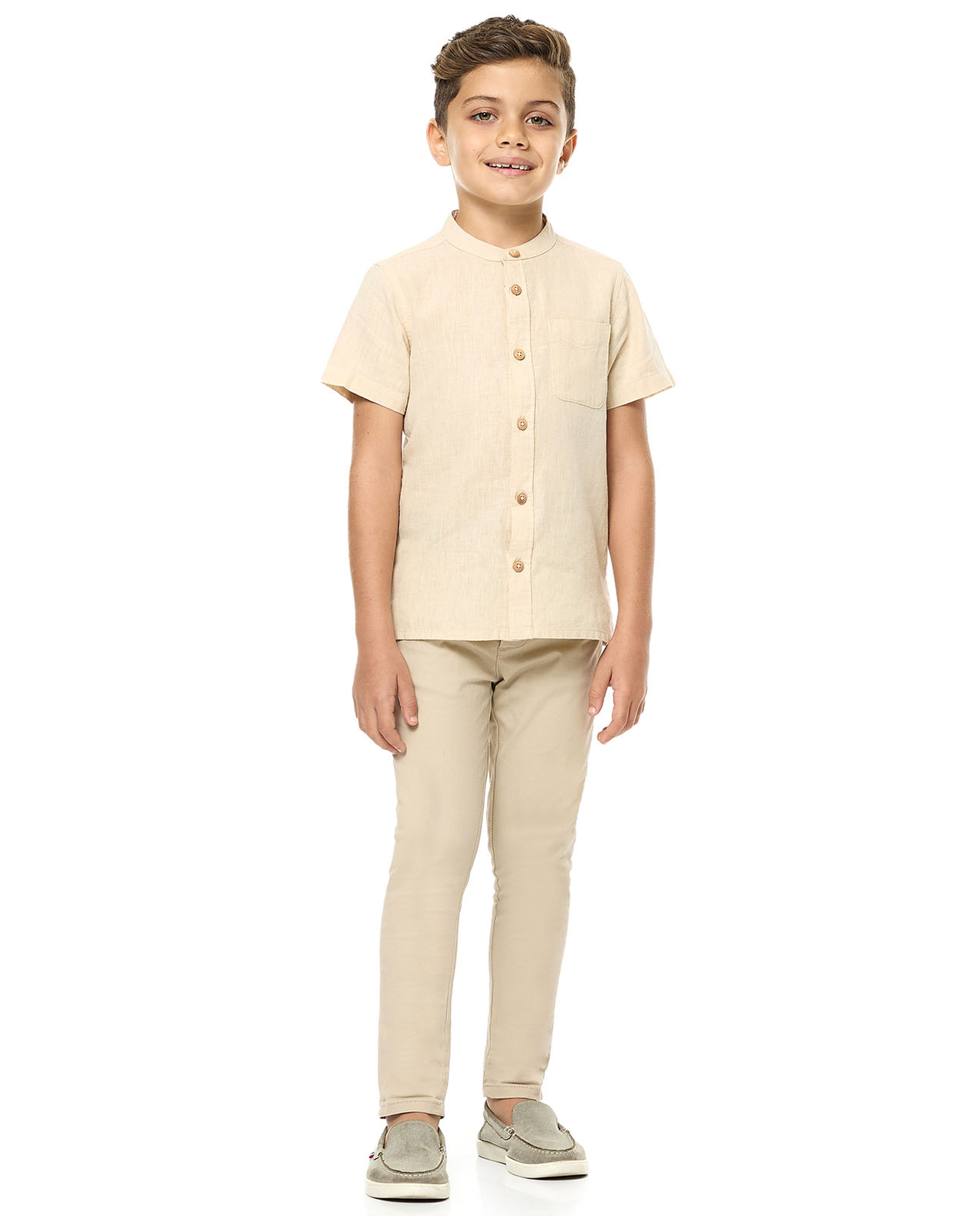 Pocket Detail Shirt with Mandarin Collar and Short Sleeves