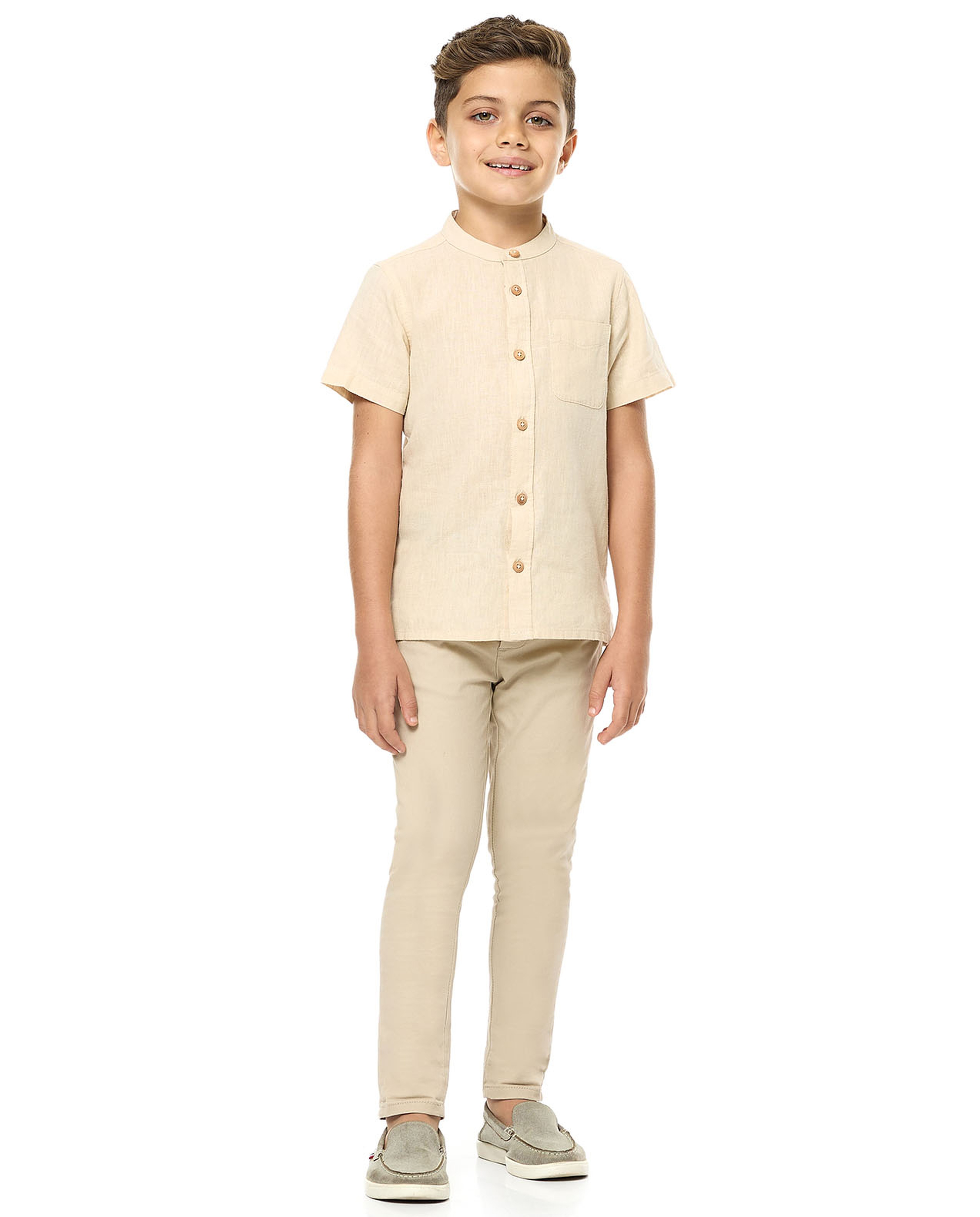 Pocket Detail Shirt with Mandarin Collar and Short Sleeves