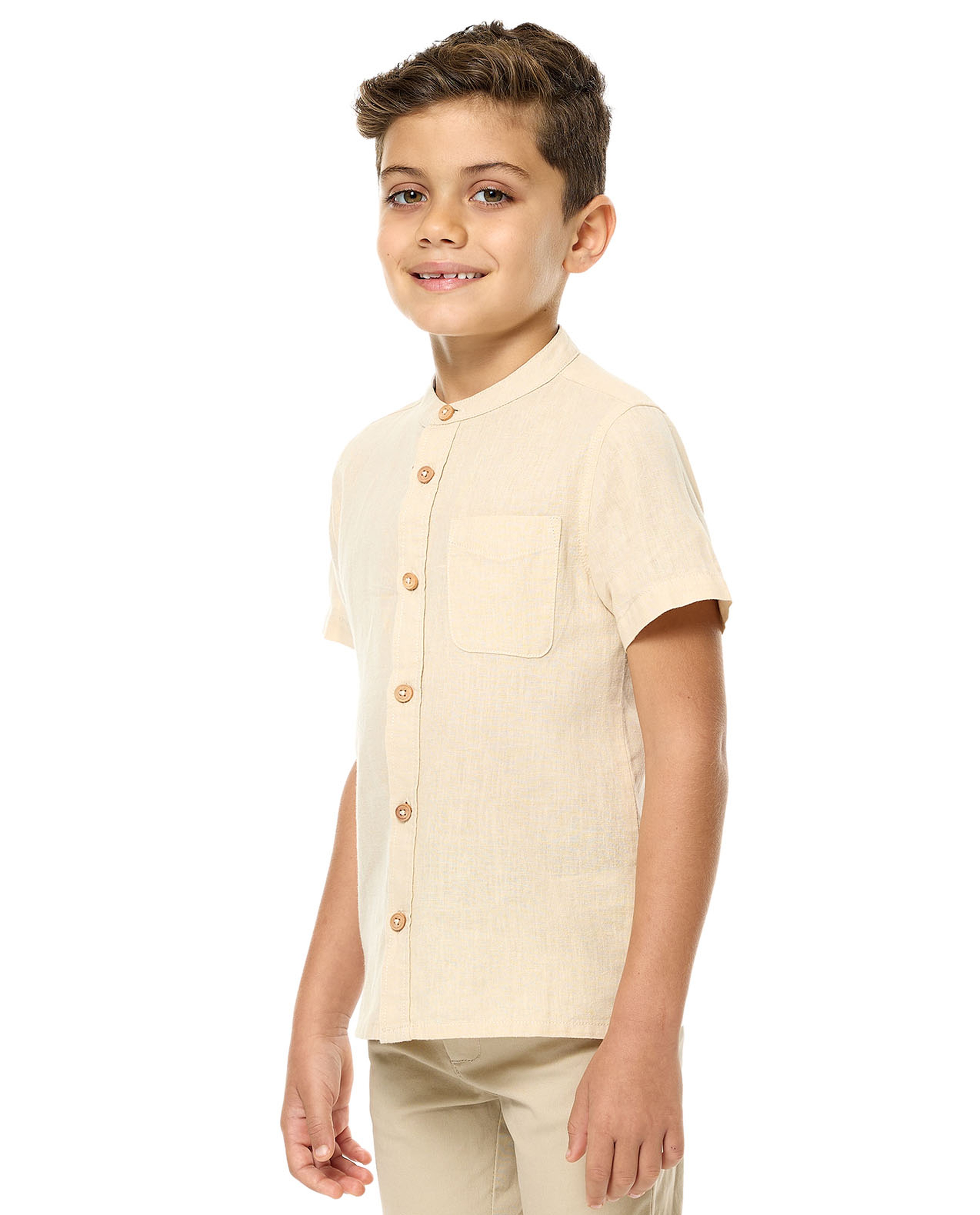 Pocket Detail Shirt with Mandarin Collar and Short Sleeves