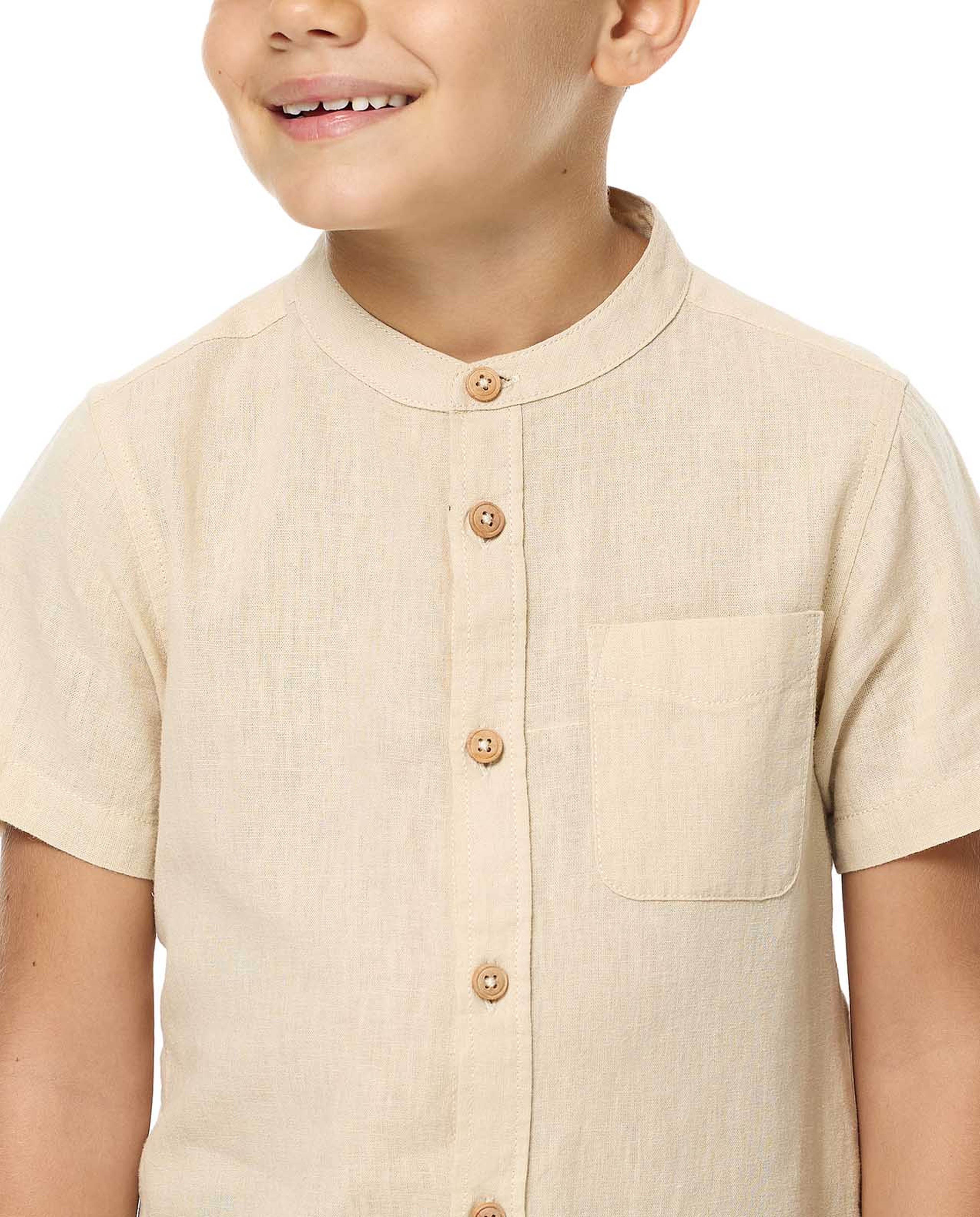 Pocket Detail Shirt with Mandarin Collar and Short Sleeves