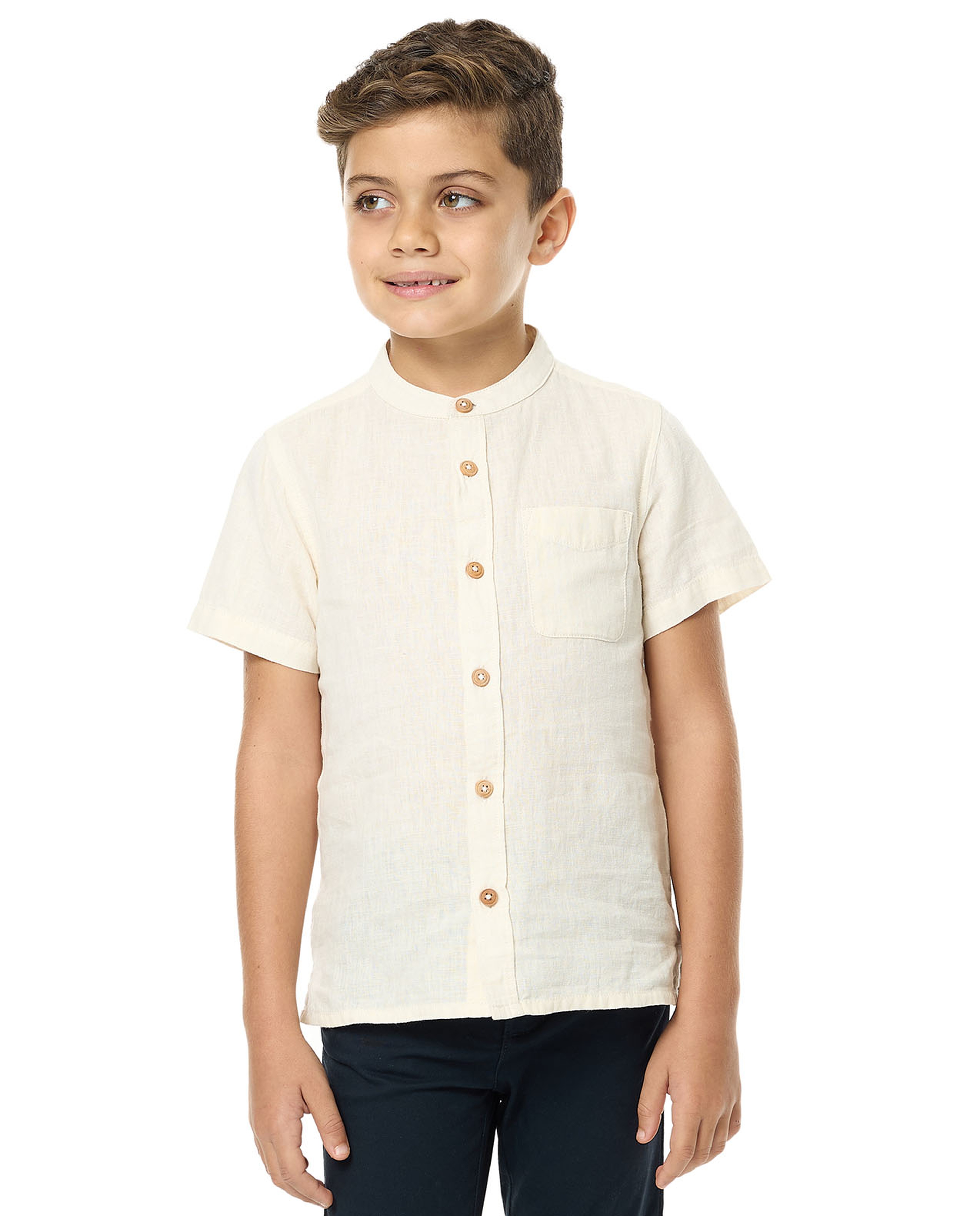 Pocket Detail Shirt with Mandarin Collar and Short Sleeves